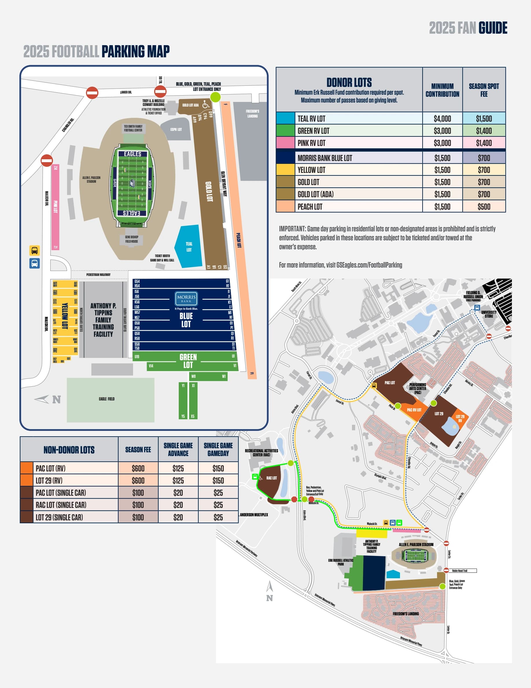 Allen E. Paulson Stadium: Venue layout, Georgia Southern — current-linked 2025 donor and general football parking plan. Use the original map for routes and visitor facilities.