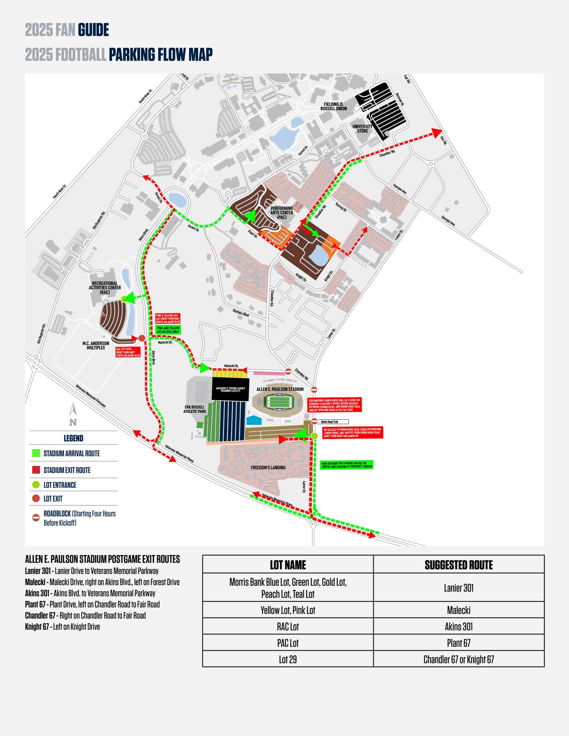 Allen E. Paulson Stadium: Venue layout, Georgia Southern — current-linked 2025 football parking traffic-flow plan. Use the original map for routes and visitor facilities.
