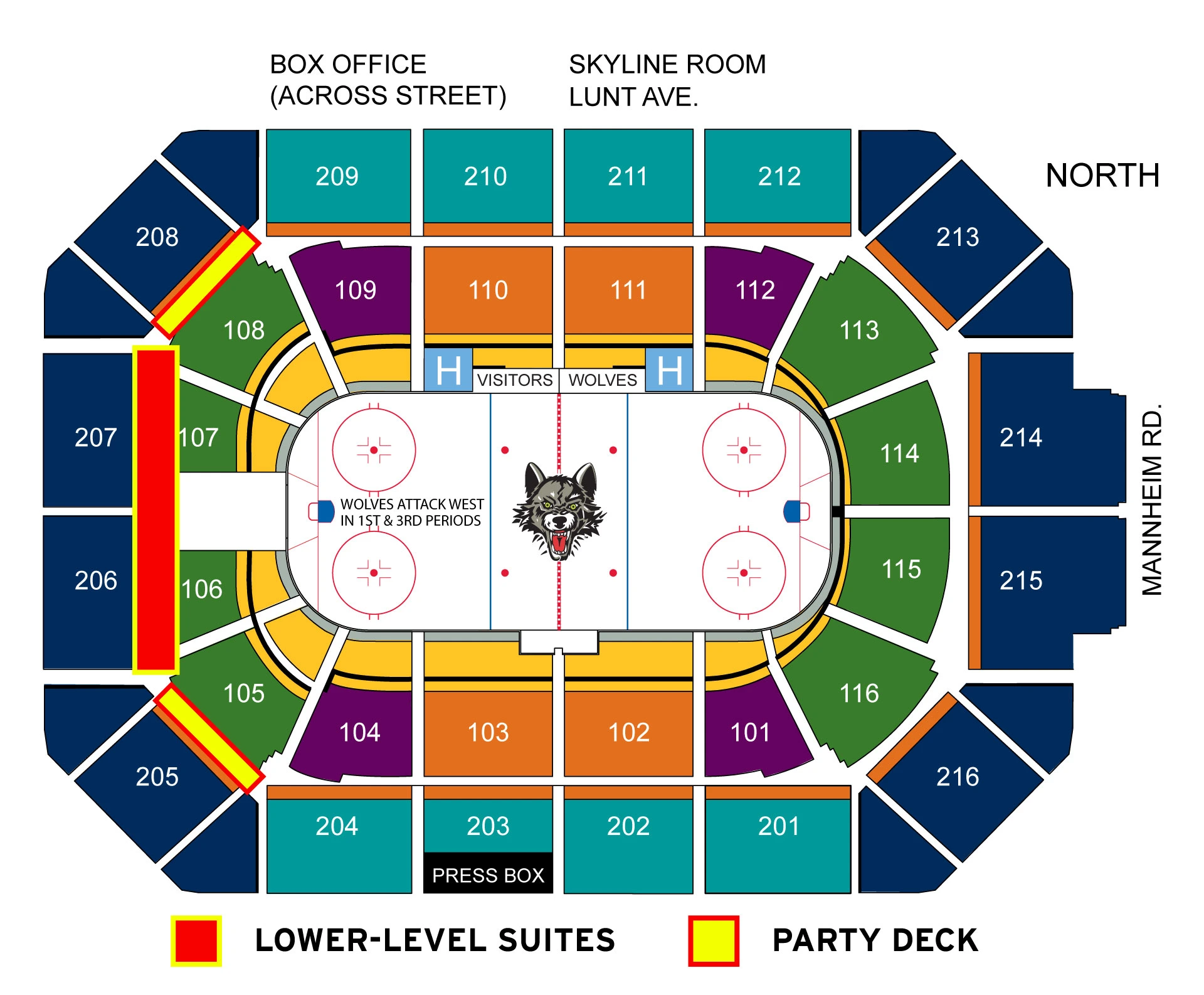Allstate Arena: Seating chart, Allstate Arena — Wolves hockey and hospitality locations. Use the source chart for section and row details.