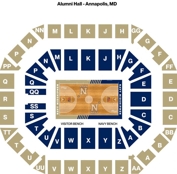 Alumni Hall: Seating chart, Basketball — Alumni Hall lettered seating levels. Use the source chart for section and row details.