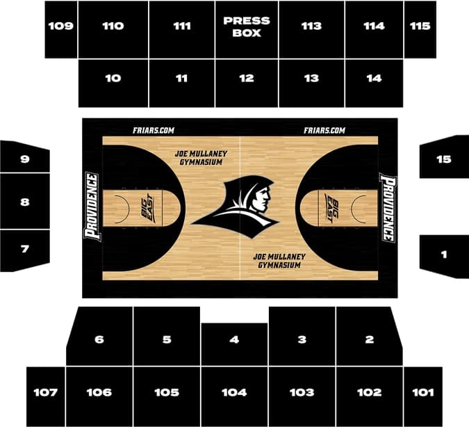 Alumni Hall (Providence women): Seating chart, Alumni Hall — Providence women’s basketball. Use the source chart for section and row details.