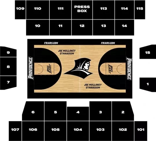 Alumni Hall (Providence women): Seating chart, Basketball. Use the source chart for section and row details.