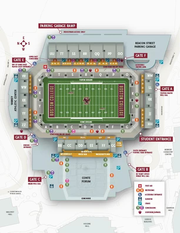 Alumni Stadium: Seating chart, Alumni Stadium — official-linked sections, gates and concourses. Use the source chart for section and row details.