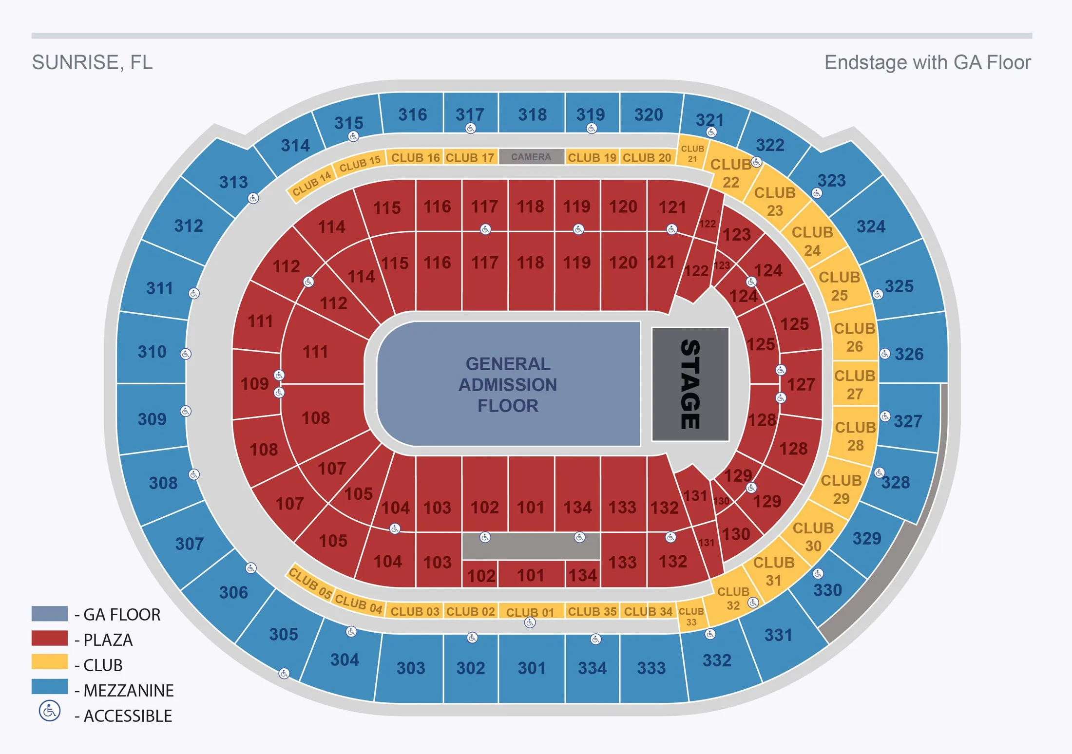 Amerant Bank Arena: Seating chart, End stage concert with general admission floor. Use the source chart for section and row details.