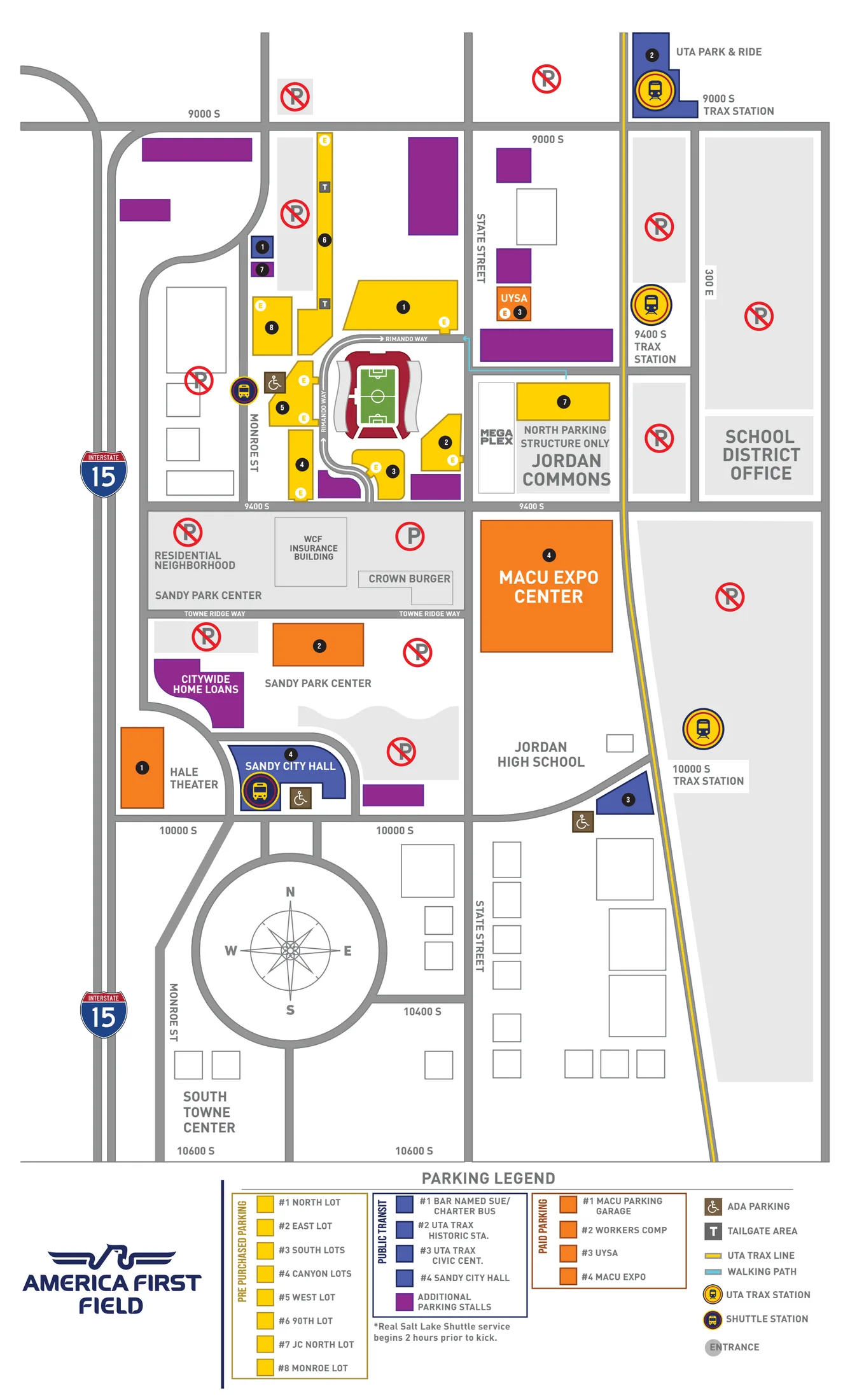 America First Field: Venue layout, Real Salt Lake — official February 2026 parking, transit and shuttle plan. Use the original map for routes and visitor facilities.