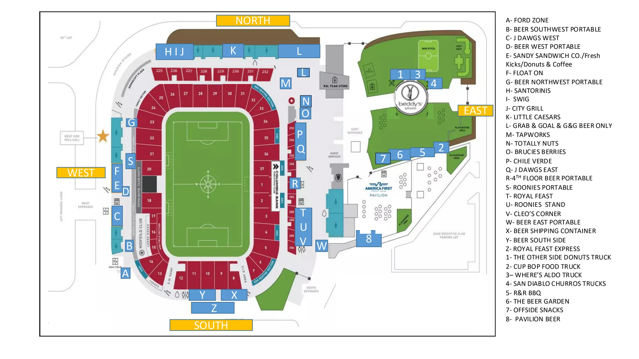 America First Field: Venue layout, Real Salt Lake — official February 2026 concessions and vendor-location plan. Use the original map for routes and visitor facilities.