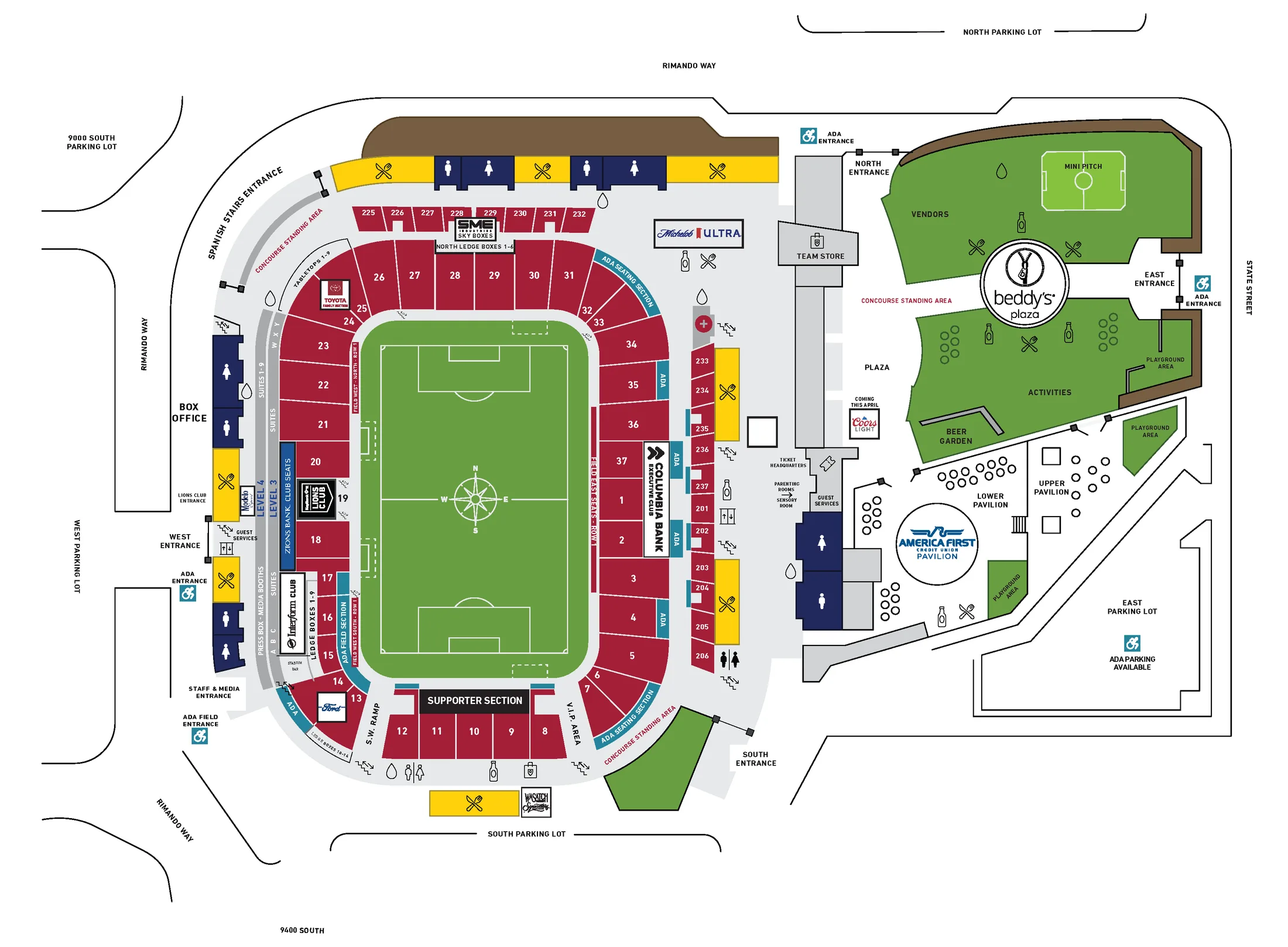 America First Field: Seating chart, Real Salt Lake — official 2026 America First Field section and amenities plan. Use the source chart for section and row details.