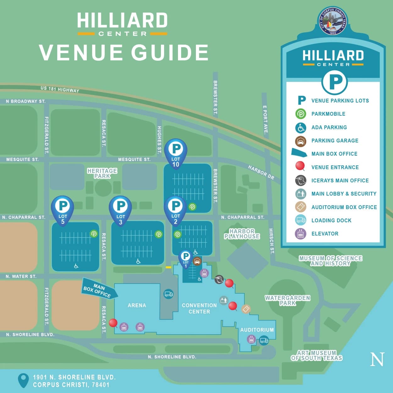 Hilliard Center Arena (Islanders basketball): Venue layout, Venue parking and entrances · June 2026. Use the original map for routes and visitor facilities.