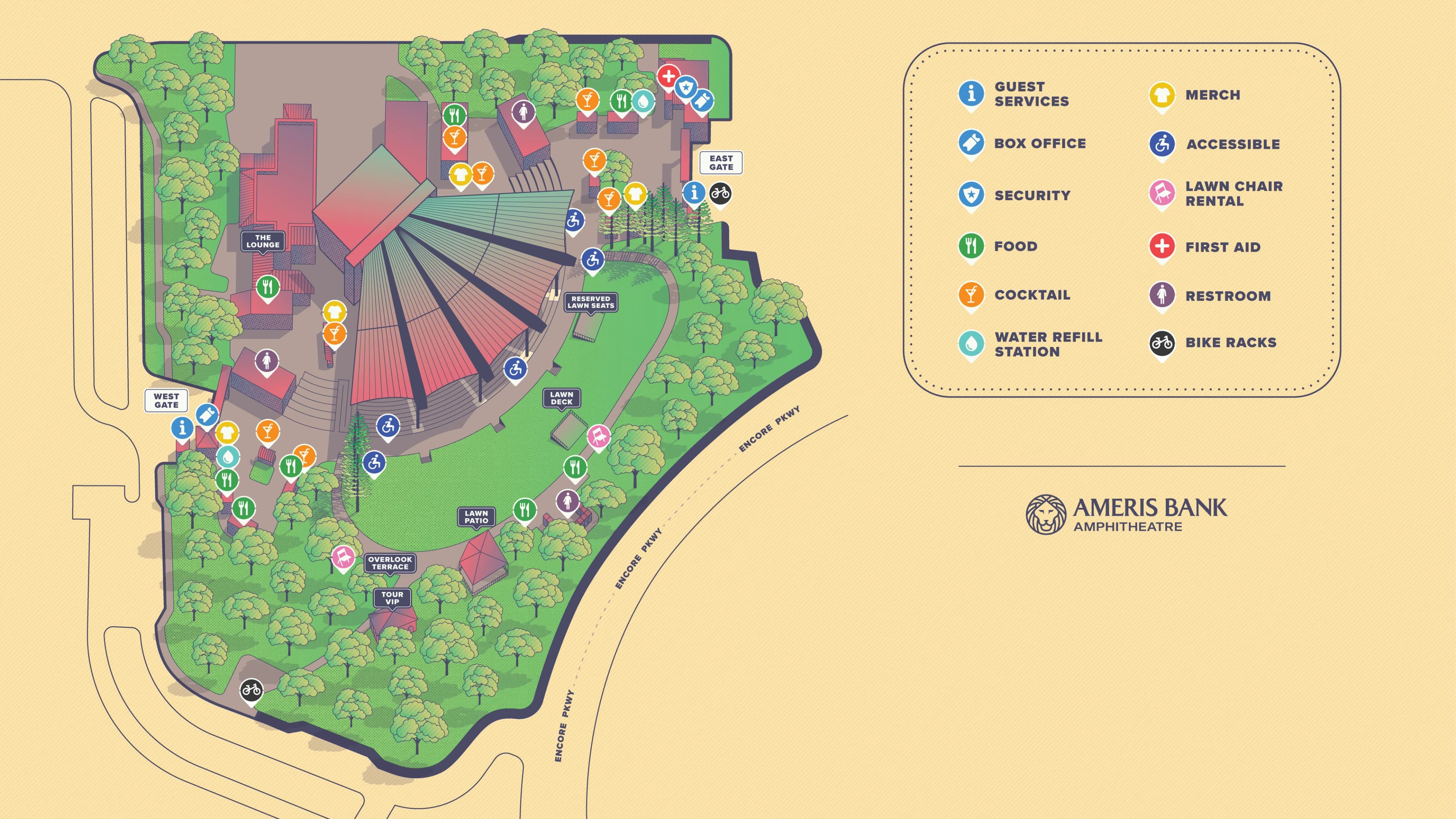 Ameris Bank Amphitheatre: Venue layout, Ameris Bank Amphitheatre — gates, lawn and guest amenities. Use the original map for routes and visitor facilities.