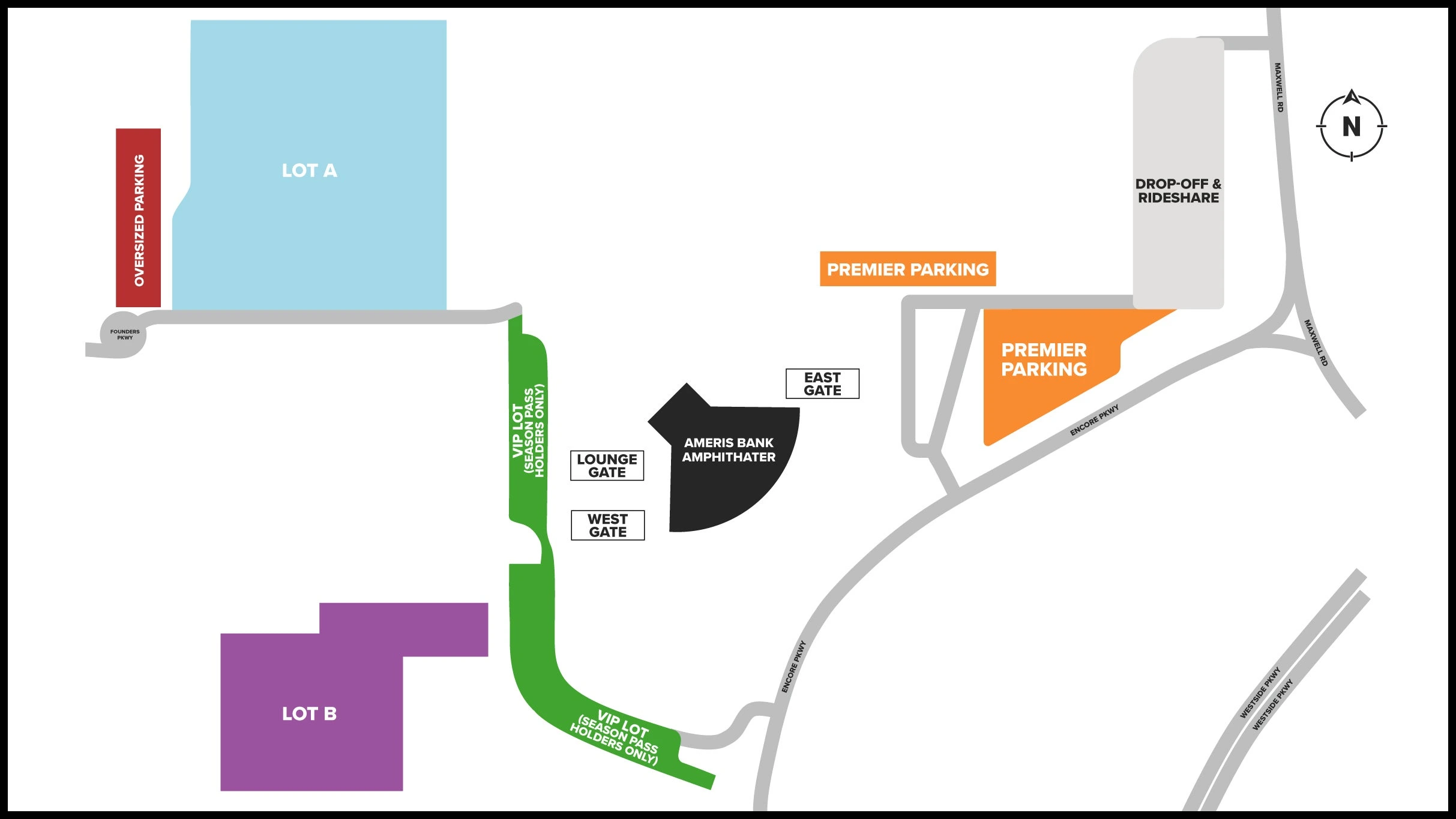 Ameris Bank Amphitheatre: Venue layout, Ameris Bank Amphitheatre — parking lots and rideshare. Use the original map for routes and visitor facilities.