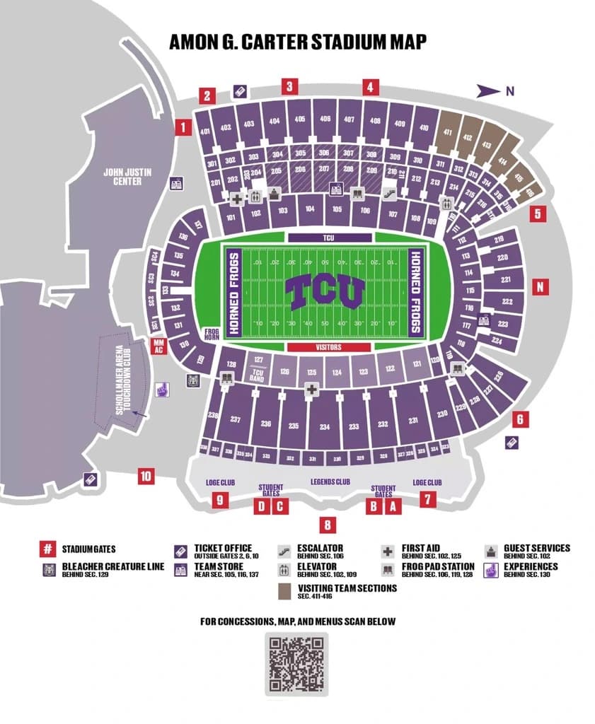 Amon G. Carter Stadium: Seating chart, Amon G. Carter Stadium — current official-linked section and amenity map. Use the source chart for section and row details.