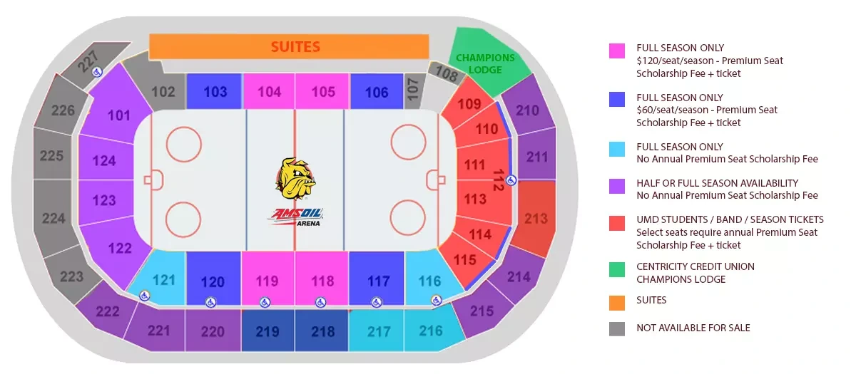 AMSOIL Arena: Seating chart, Men’s hockey. Use the source chart for section and row details.