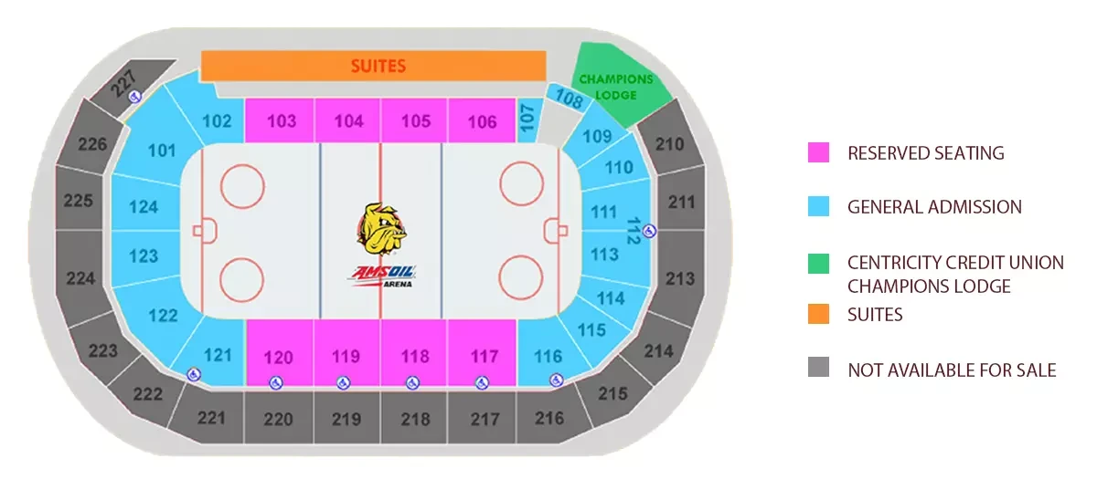 AMSOIL Arena: Seating chart, Women’s hockey. Use the source chart for section and row details.