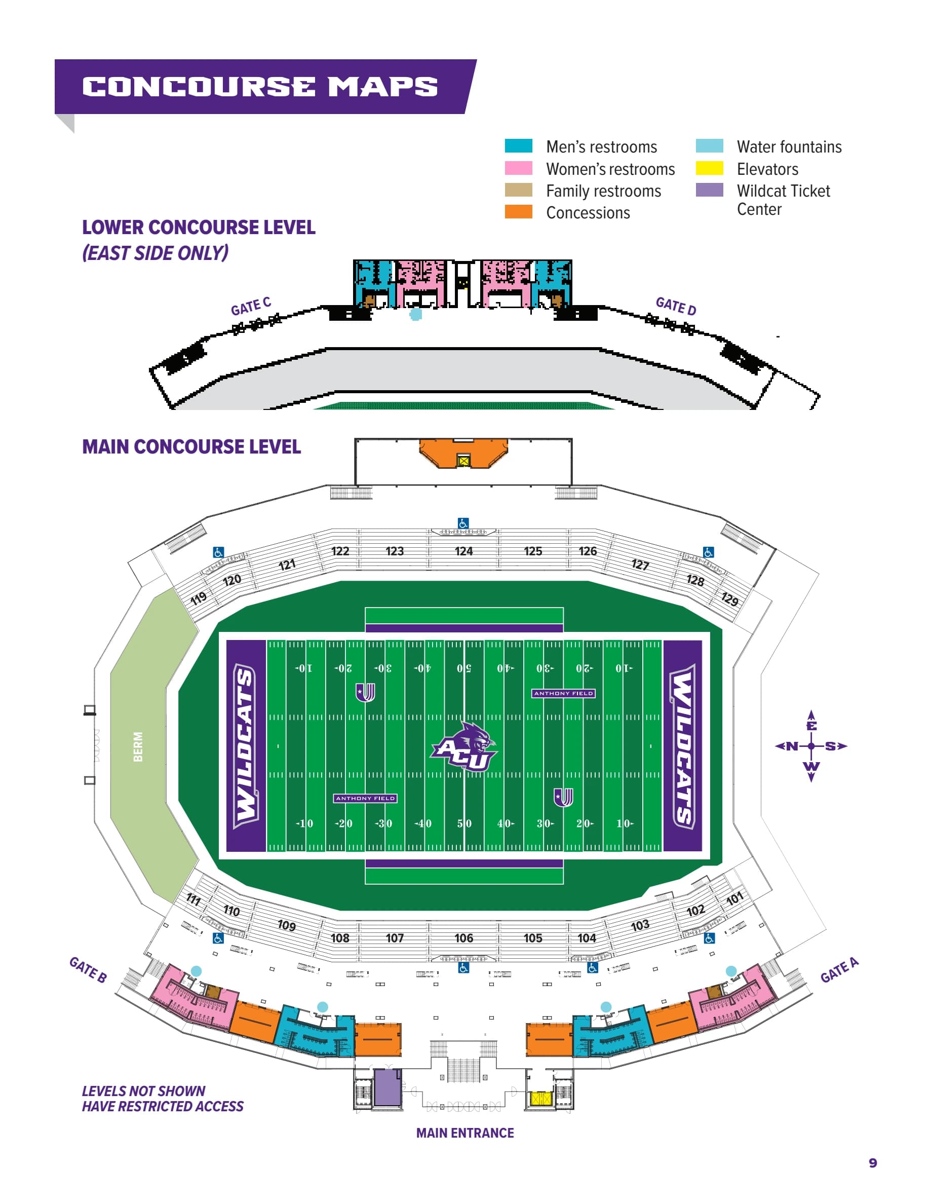 Anthony Field at Wildcat Stadium: Seating chart, ACU — official 2026 Wildcat Stadium sections and concourse plan. Use the source chart for section and row details.