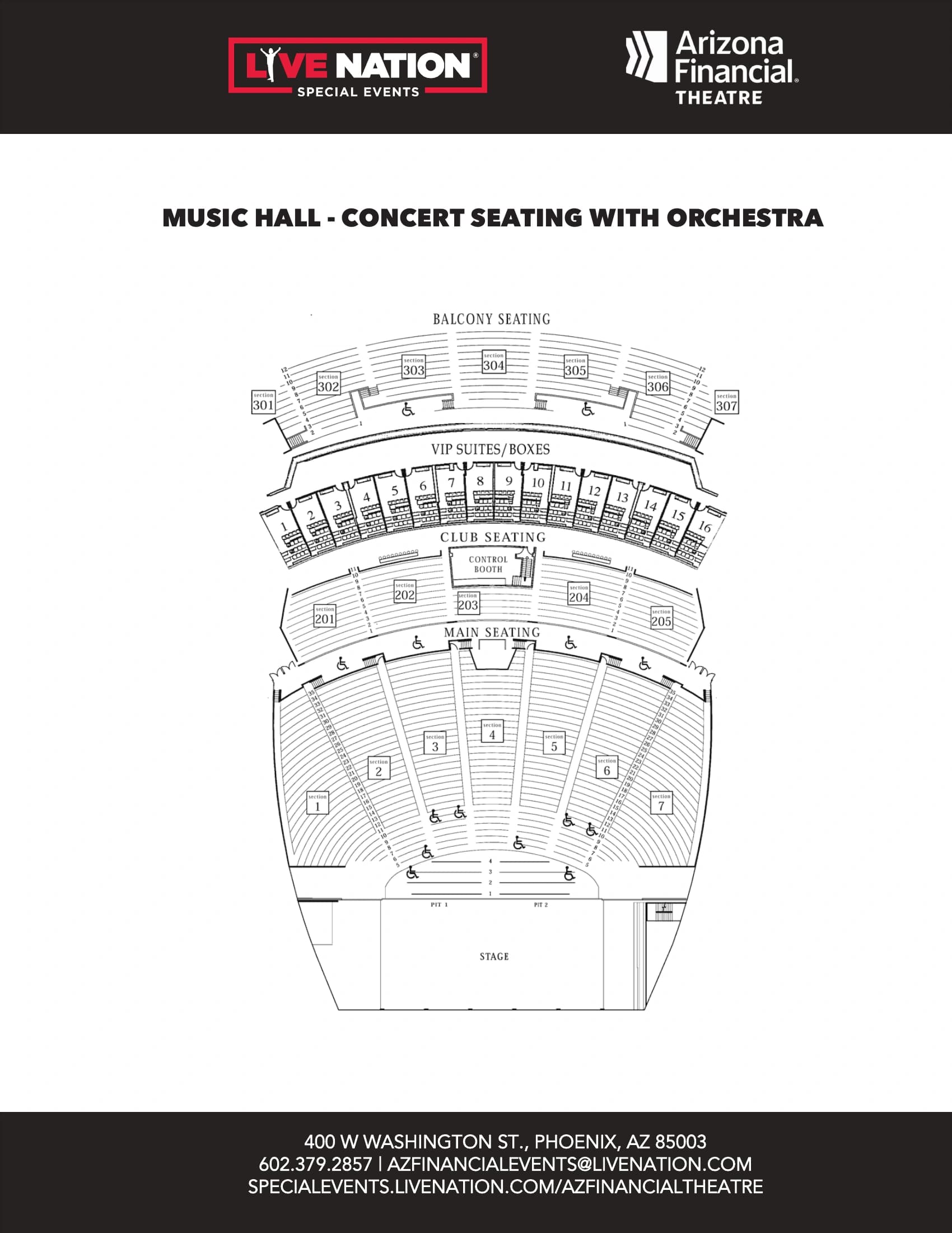 Arizona Financial Theatre: Seating chart, Concert with orchestra · front rows and numbered suites. Use the source chart for section and row details.
