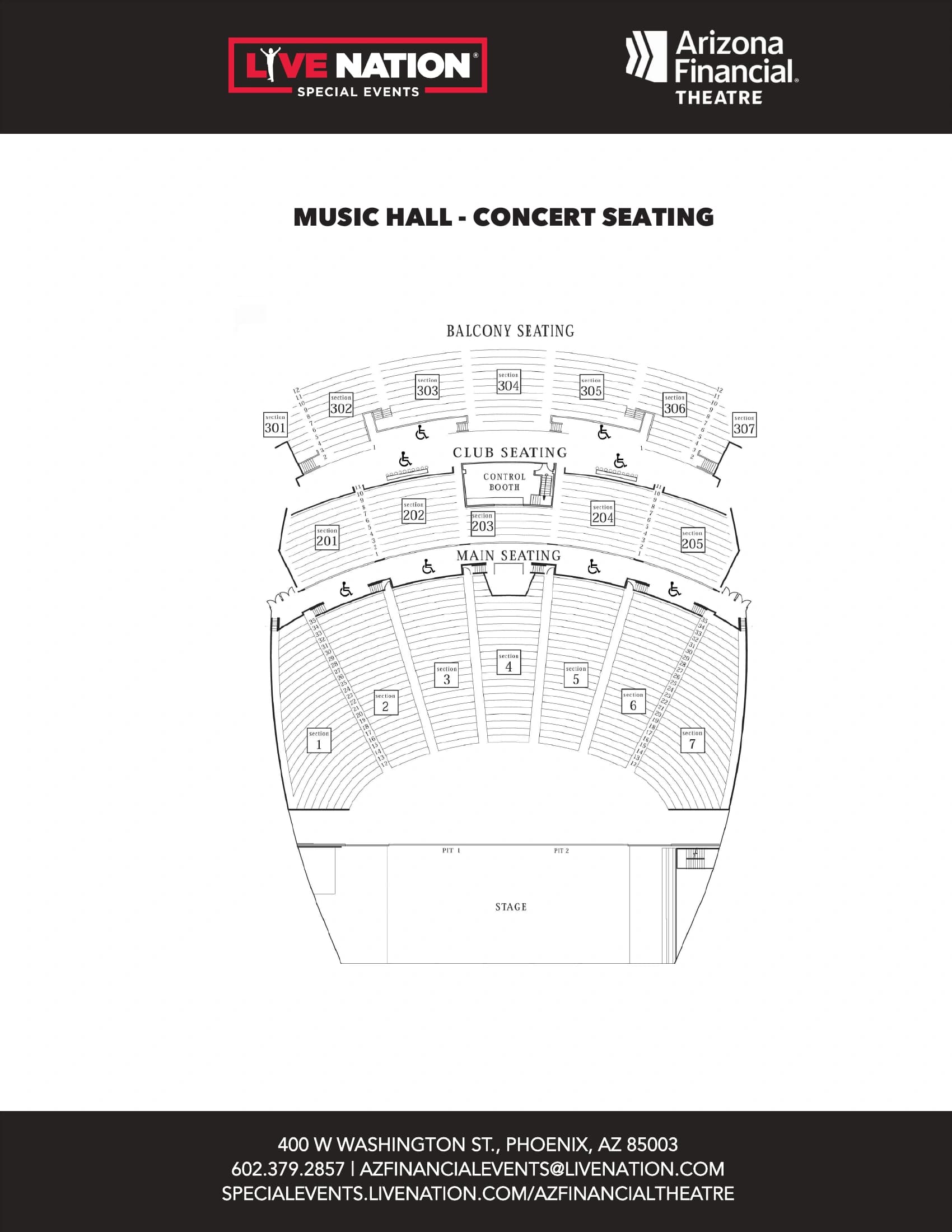 Arizona Financial Theatre: Seating chart, Concert seating · main, club, balcony and pit reference. Use the source chart for section and row details.