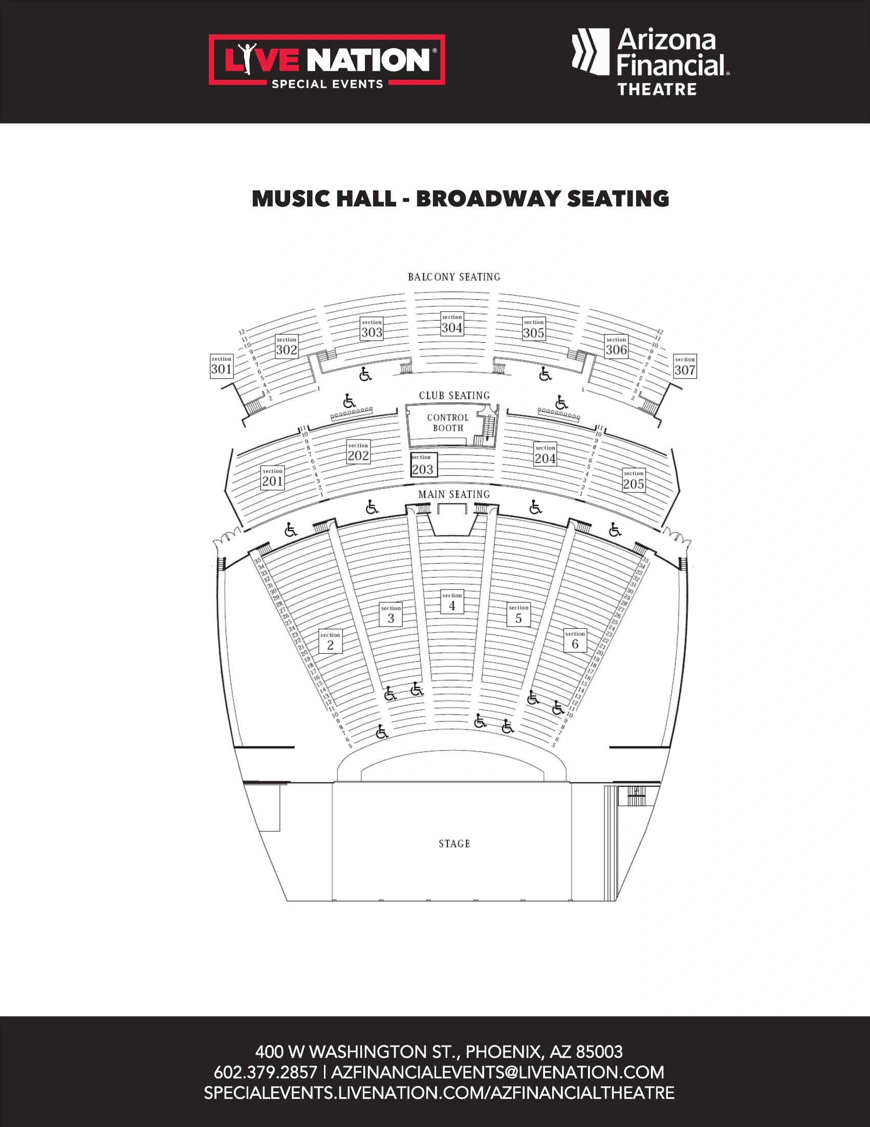 Arizona Financial Theatre: Seating chart, Broadway seating · full front-floor row reference. Use the source chart for section and row details.