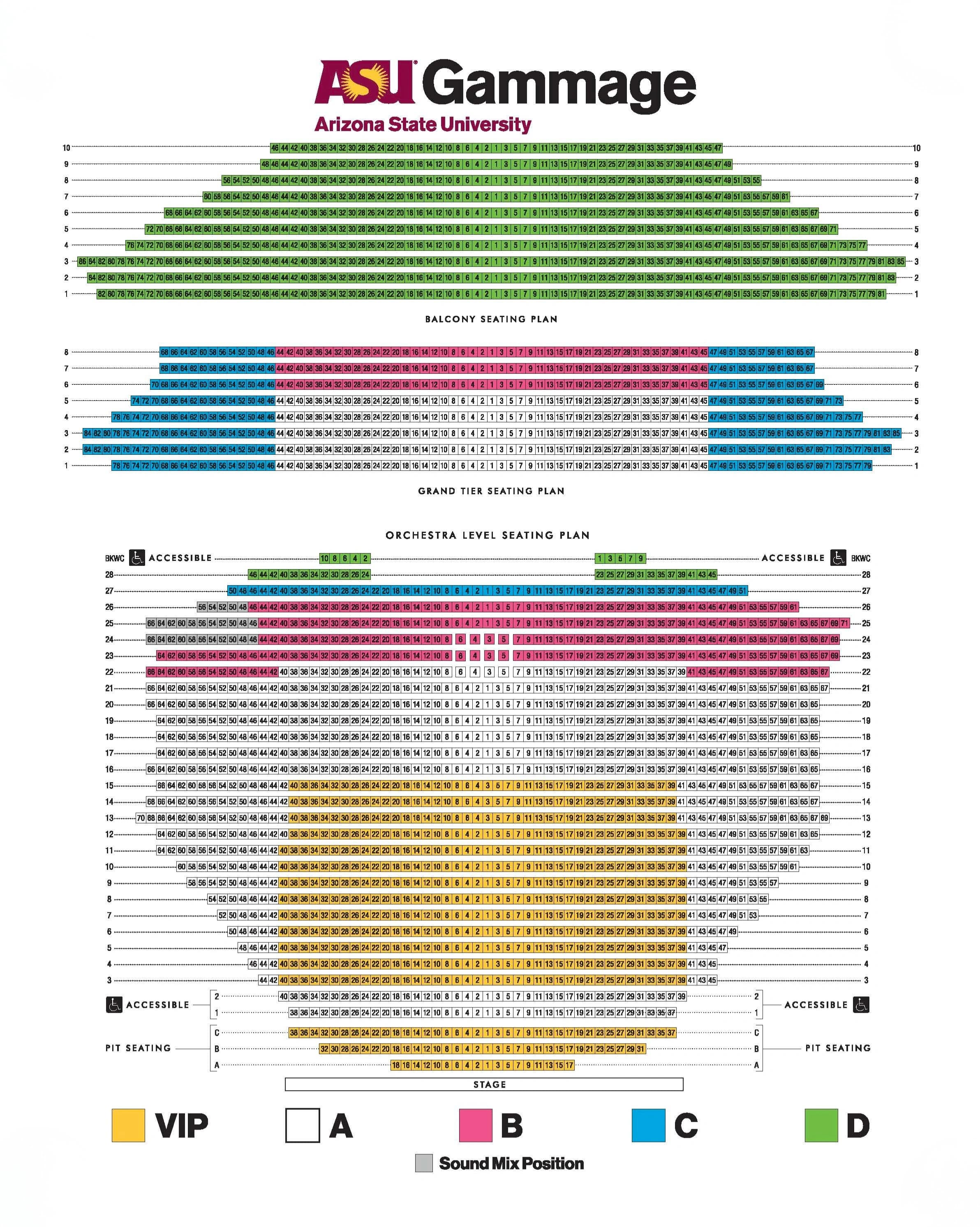ASU Gammage: Seating chart, Broadway reference · Orchestra, Grand Tier and Balcony. Use the source chart for section and row details.