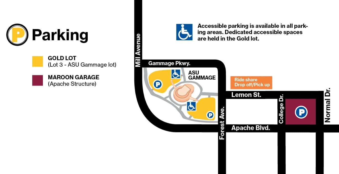 ASU Gammage: Venue layout, 2024-file arrival reference · Gold Lot, Maroon Garage and Lemon Street. Use the original map for routes and visitor facilities.