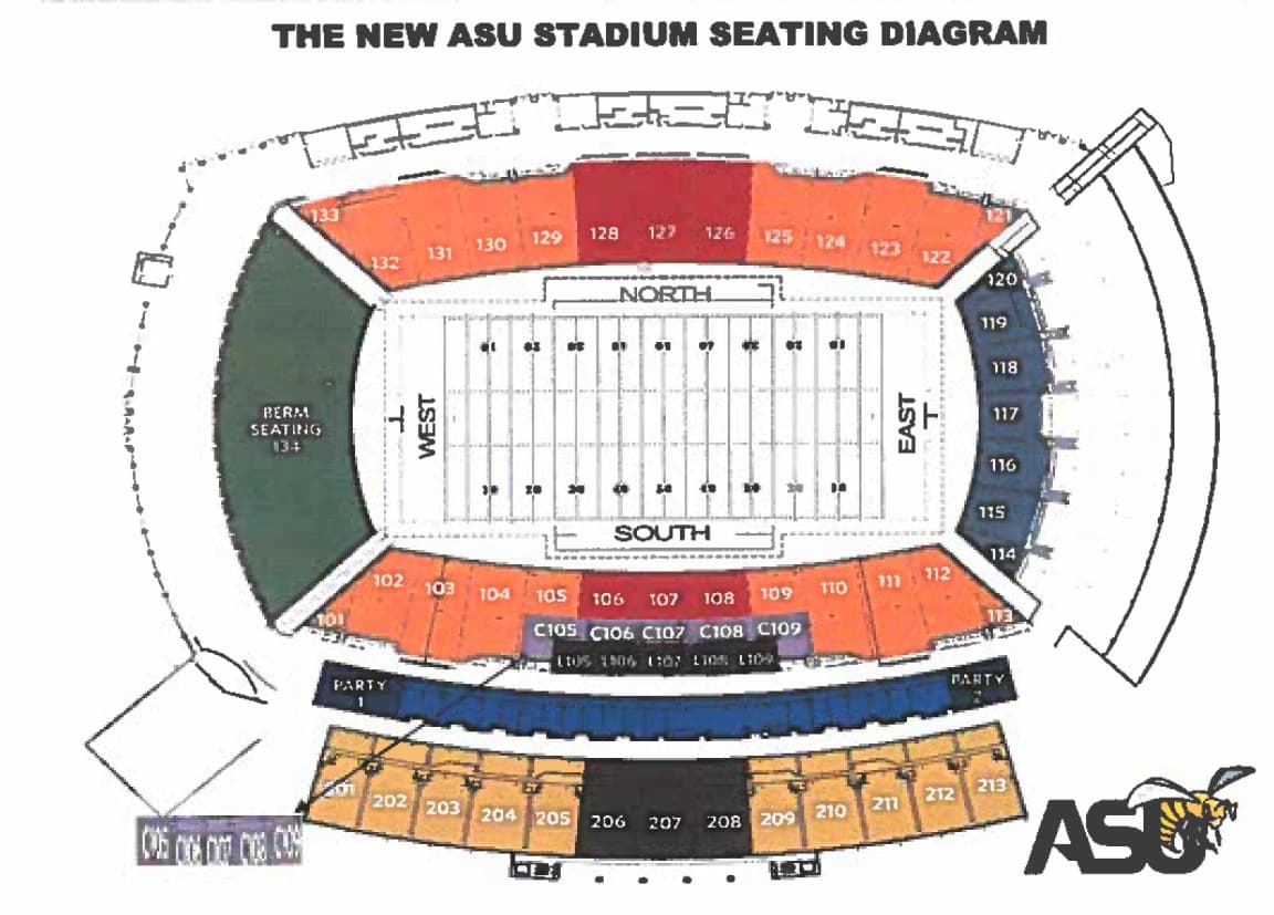 ASU Stadium: Seating chart, Football seating · 2018 source. Use the source chart for section and row details.