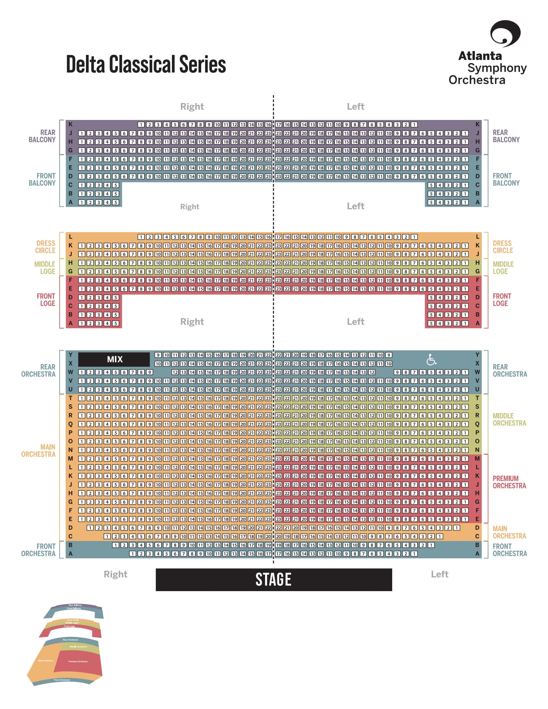 Atlanta Symphony Hall: Seating chart, Classical series. Use the source chart for section and row details.