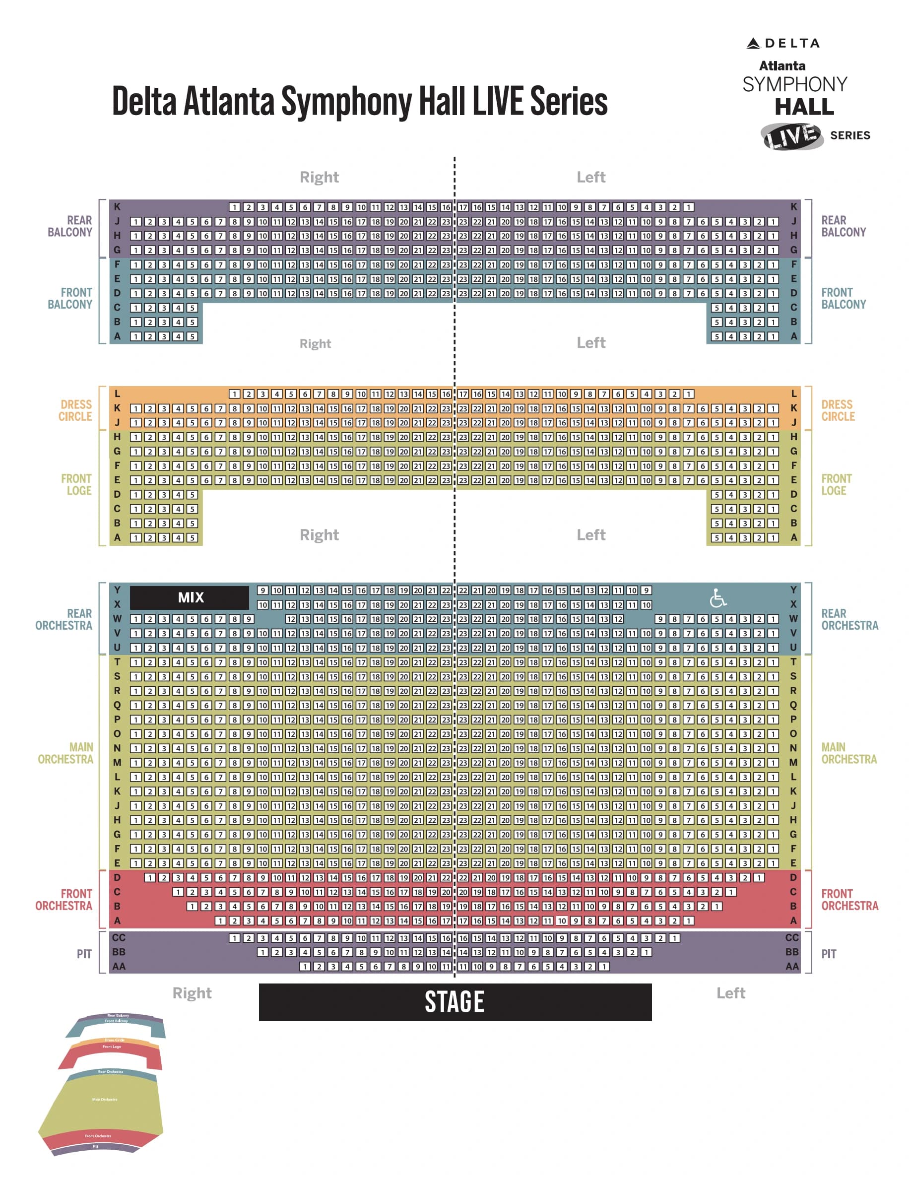 Atlanta Symphony Hall: Seating chart, LIVE series. Use the source chart for section and row details.