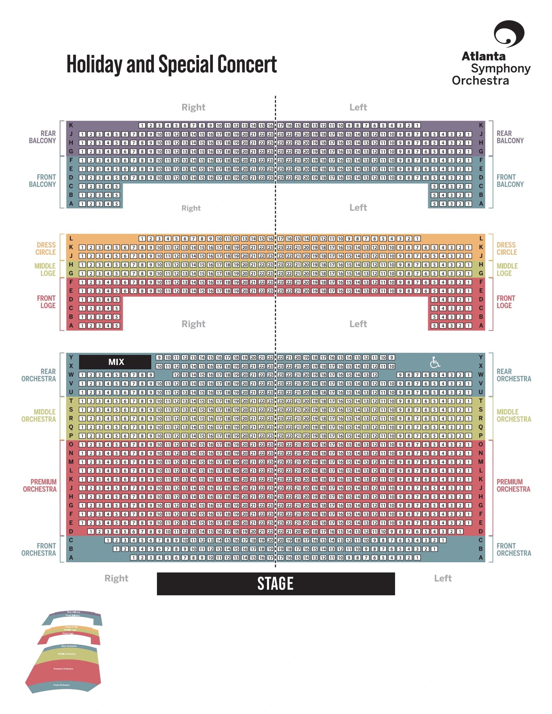 Atlanta Symphony Hall: Seating chart, Holiday and special concerts. Use the source chart for section and row details.