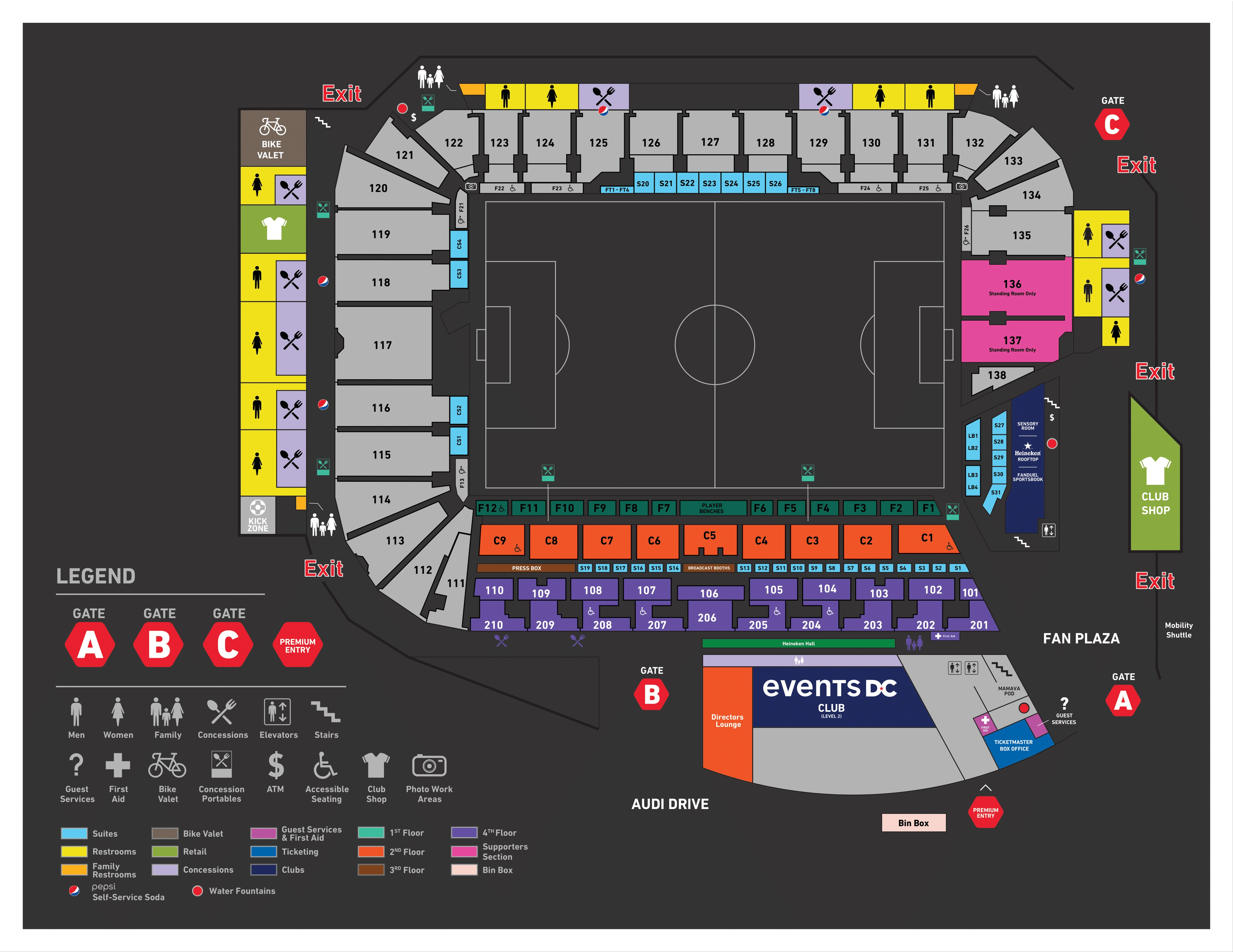 Audi Field: Venue layout, 2025 concourse and section directory. Use the original map for routes and visitor facilities.