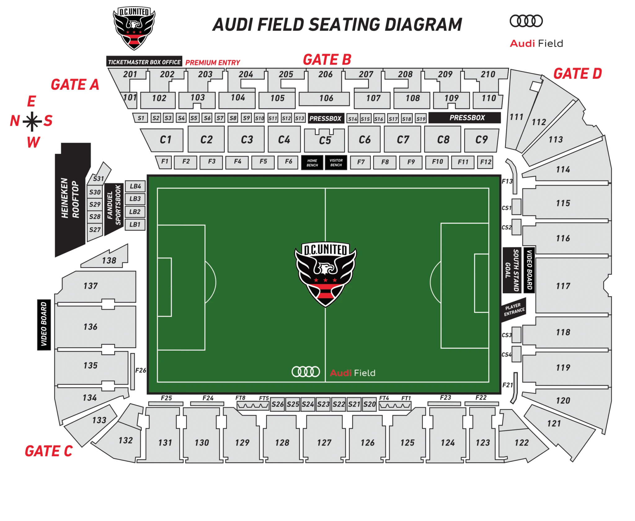 Audi Field: Seating chart, D.C. United — soccer. Use the source chart for section and row details.