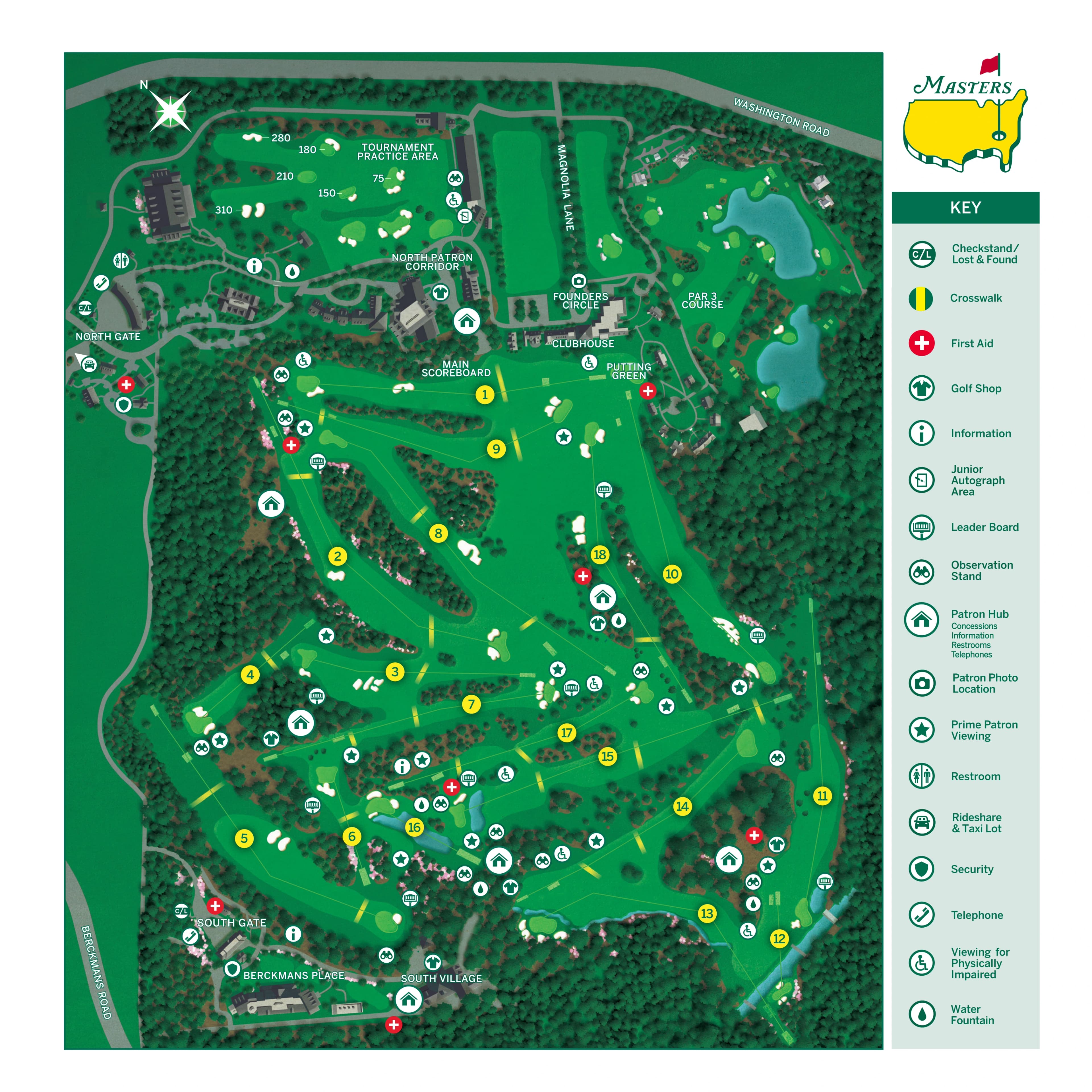Augusta National Golf Club: Venue layout, 2026 Masters · complete Augusta course and patron facilities plan. Use the original map for routes and visitor facilities.