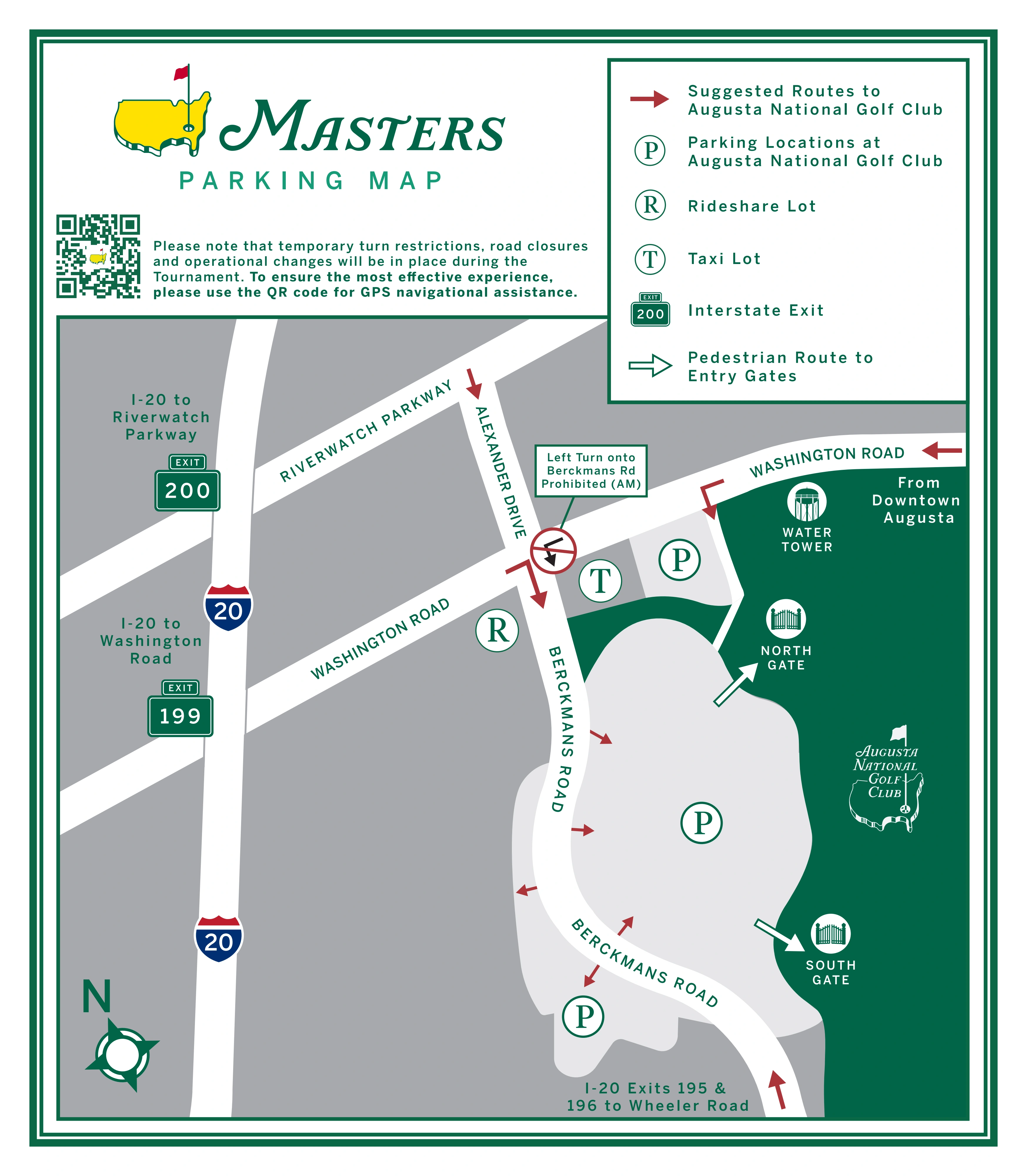 Augusta National Golf Club: Venue layout, 2026 Masters · full parking and pedestrian entry reference. Use the original map for routes and visitor facilities.