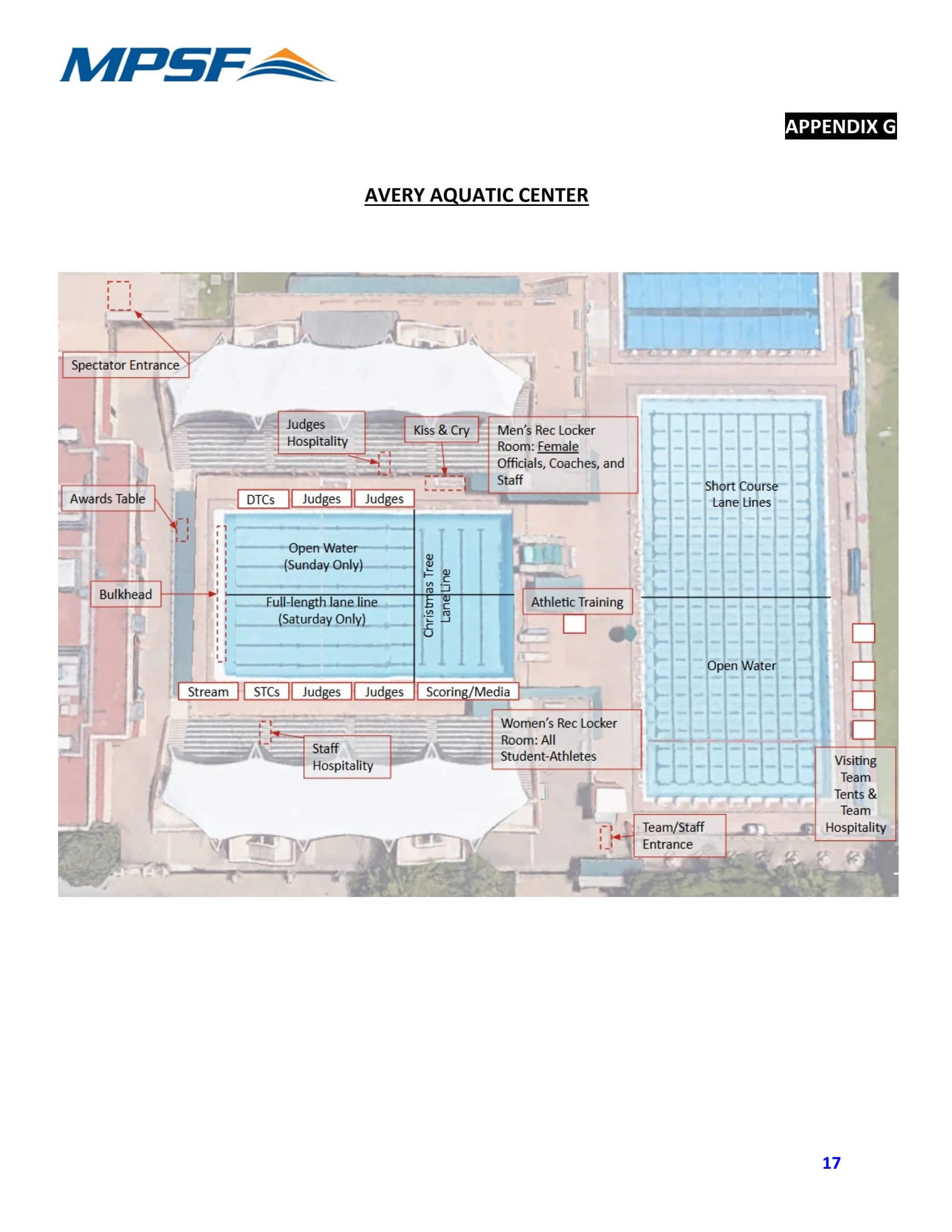 Avery Aquatic Center: Venue layout, 2026 MPSF Artistic Swimming Championships facility and spectator entrance layout. Use the original map for routes and visitor facilities.