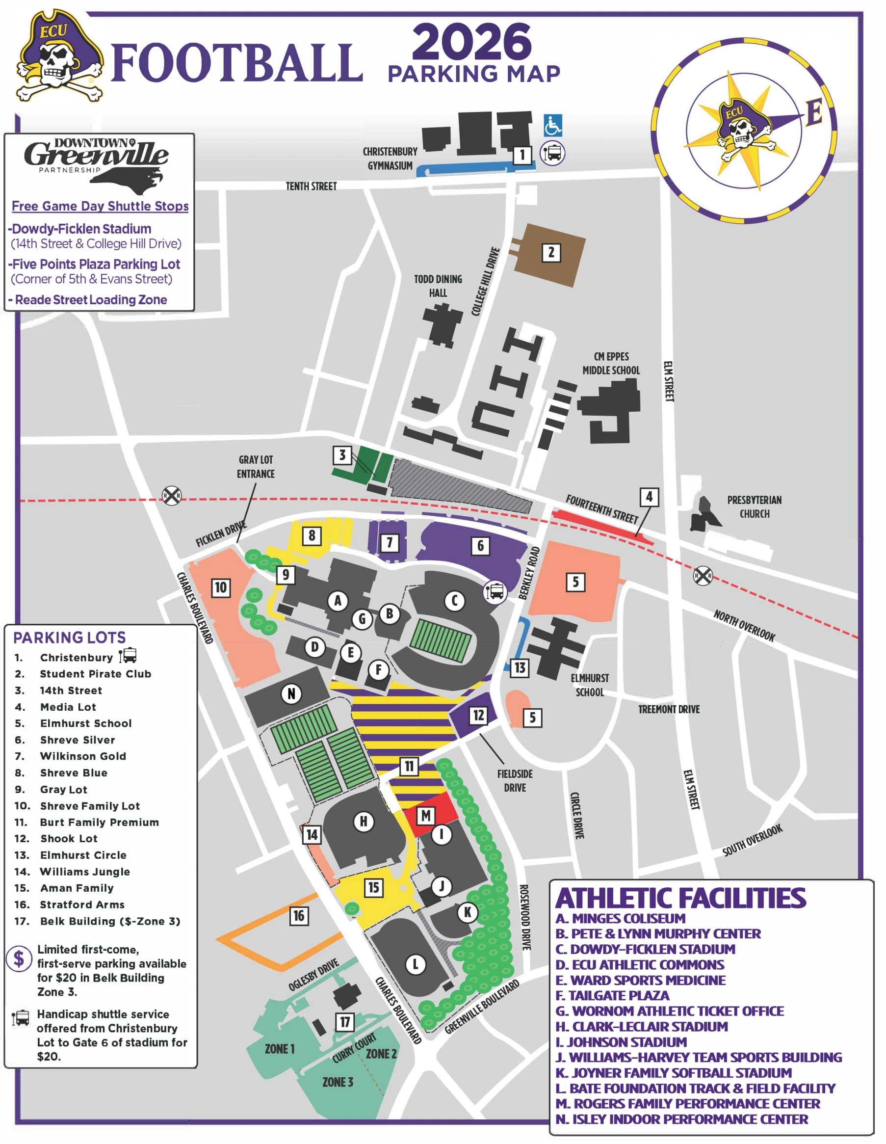 Bagwell Field at Dowdy–Ficklen Stadium: Venue layout, ECU — official 2026 football parking map. Use the original map for routes and visitor facilities.