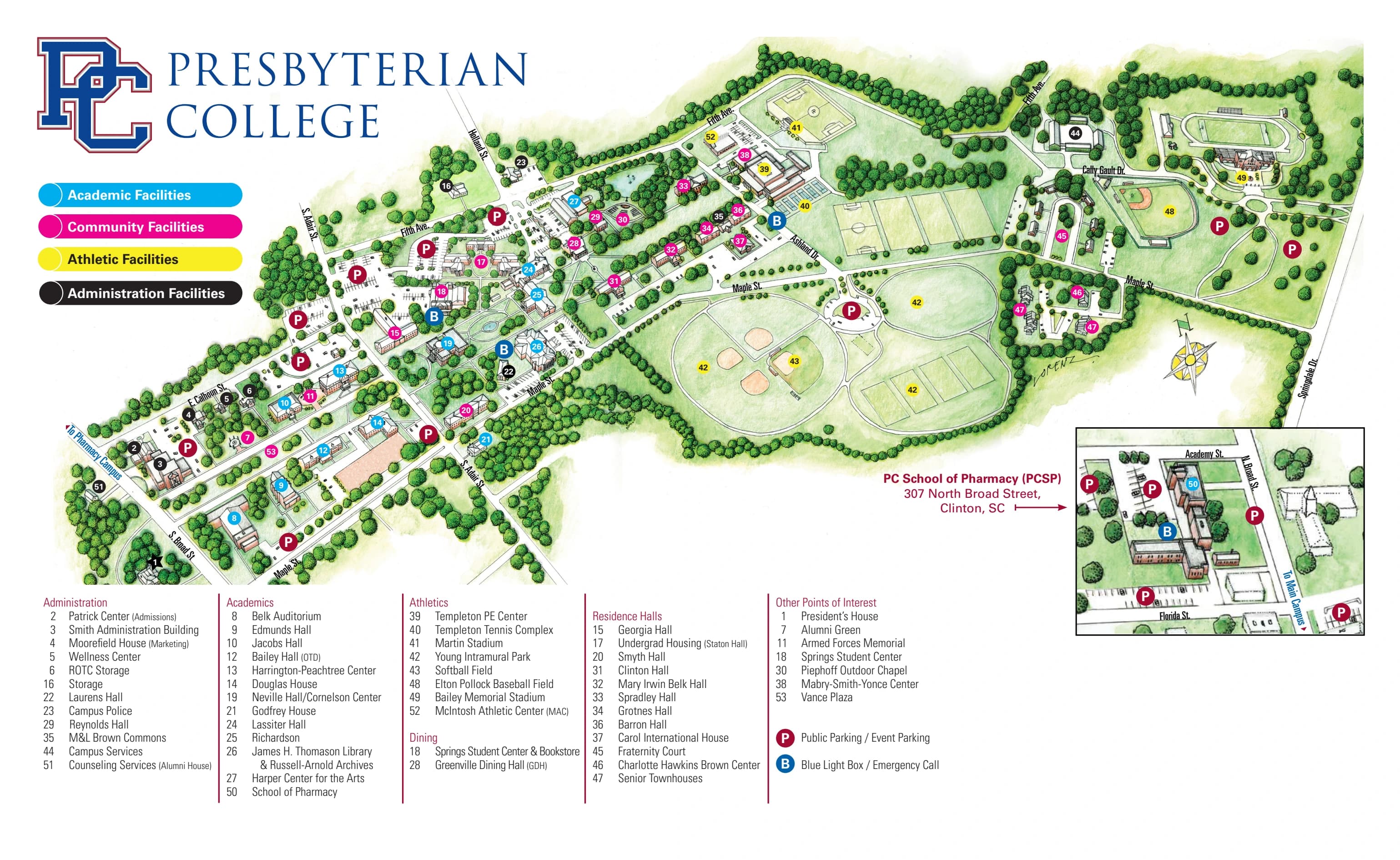 Bailey Memorial Stadium: Venue layout, Presbyterian — official current-linked 2024 campus map. Use the original map for routes and visitor facilities.