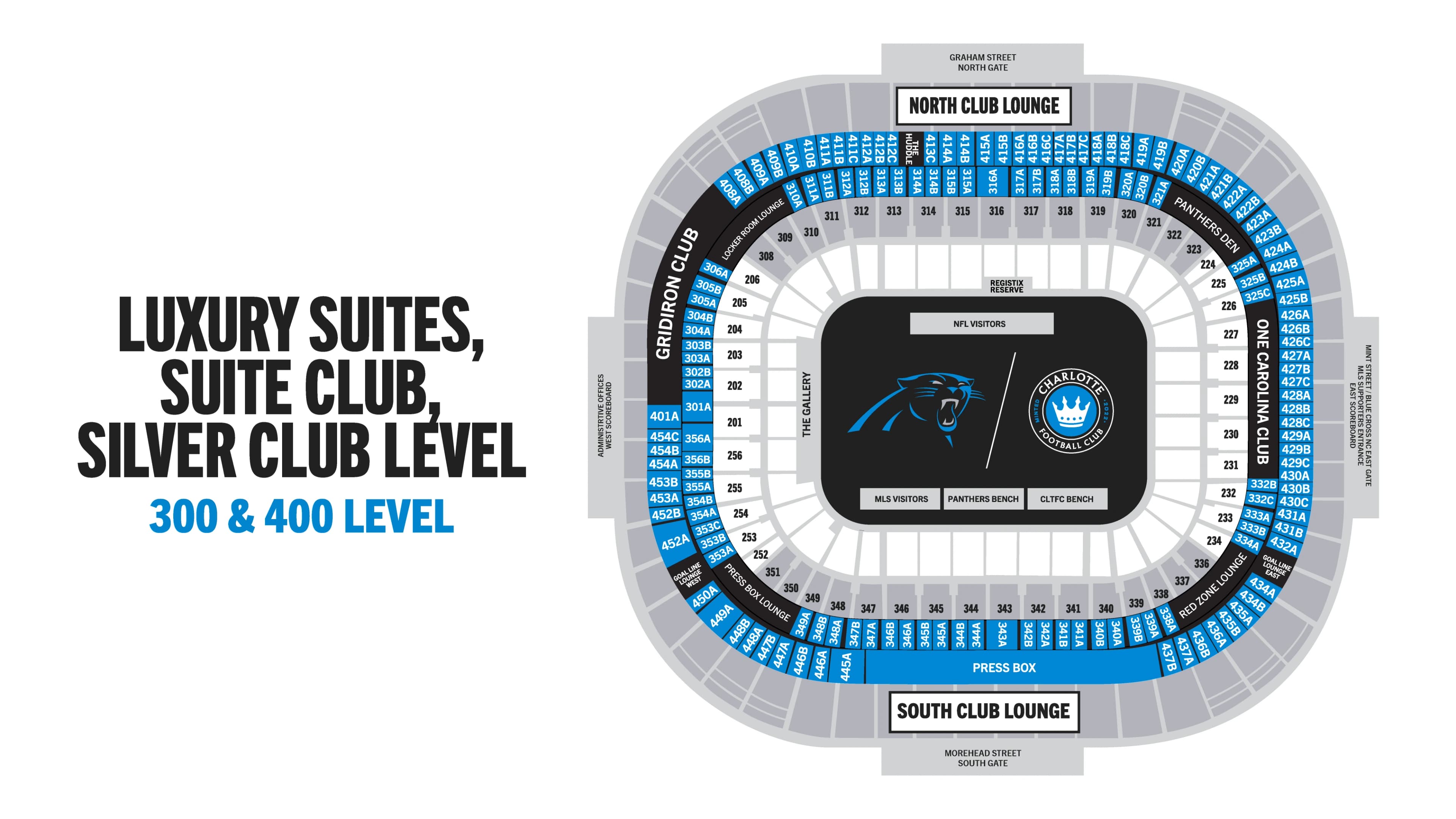 Bank of America Stadium: Seating chart, Bank of America Stadium — suites and club seating. Use the source chart for section and row details.