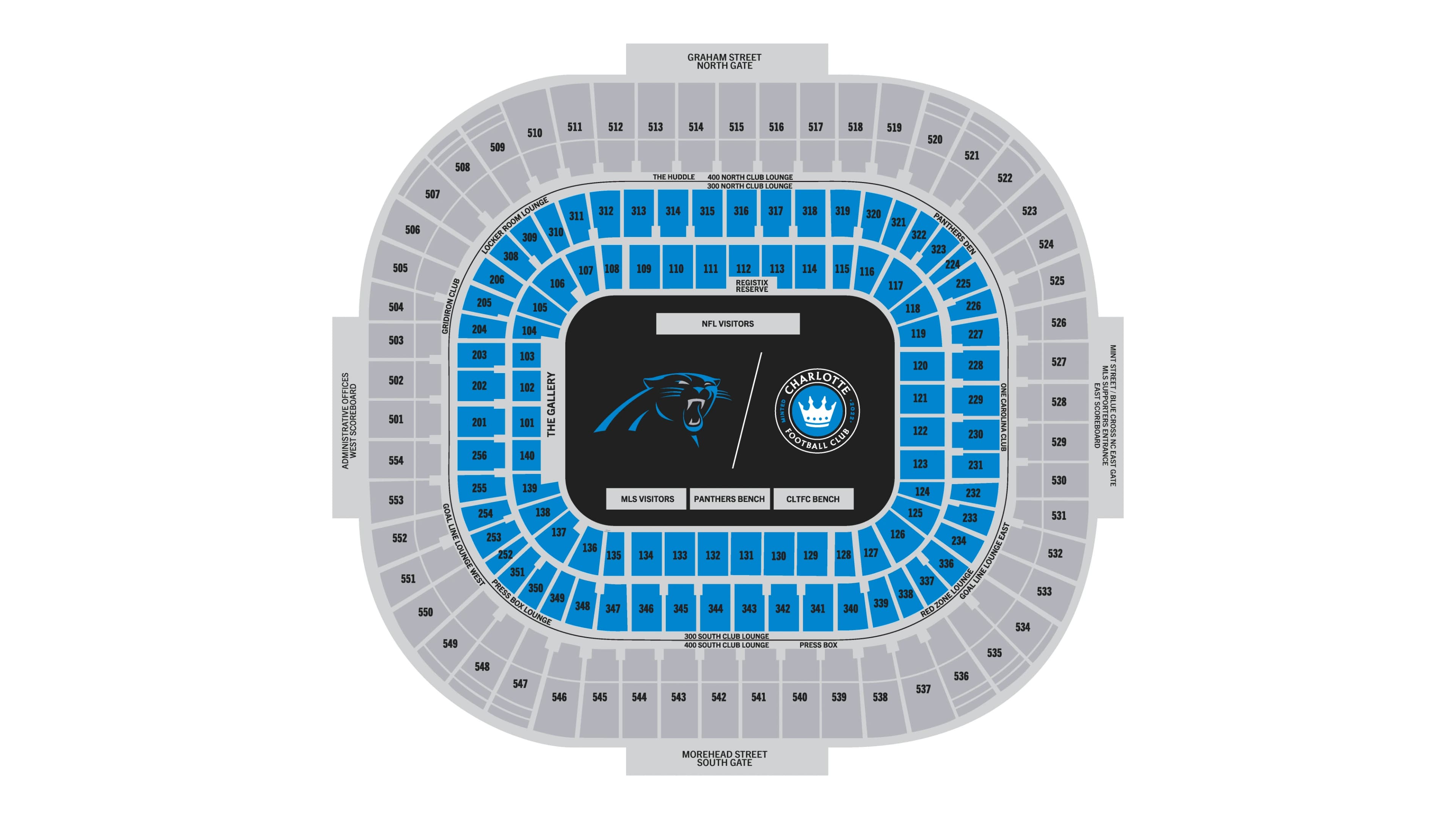 Bank of America Stadium: Seating chart, Bank of America Stadium — football and soccer bowl sections. Use the source chart for section and row details.