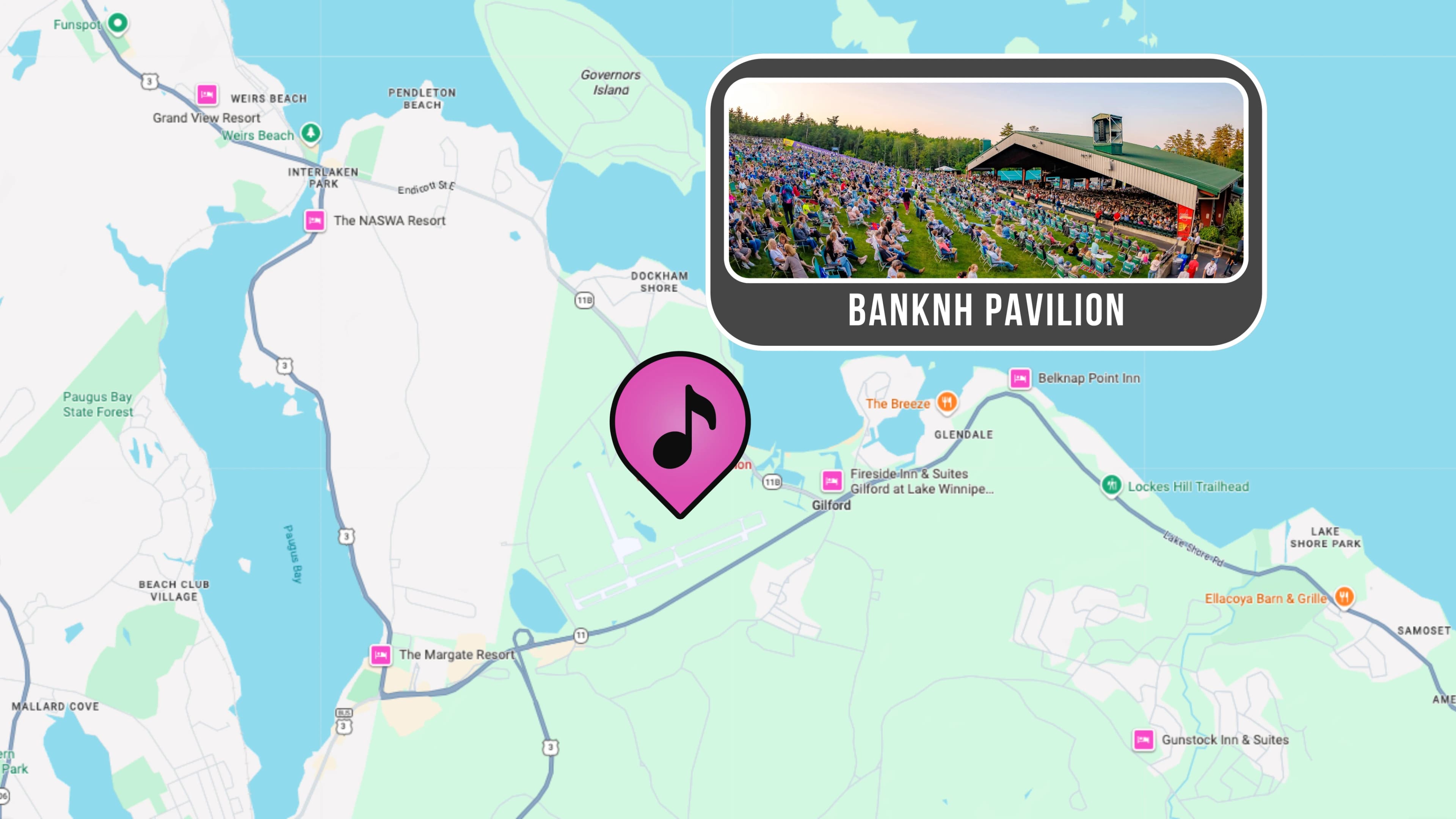 BankNH Pavilion: Venue layout, BankNH Pavilion — Lakes Region approach roads. Use the original map for routes and visitor facilities.