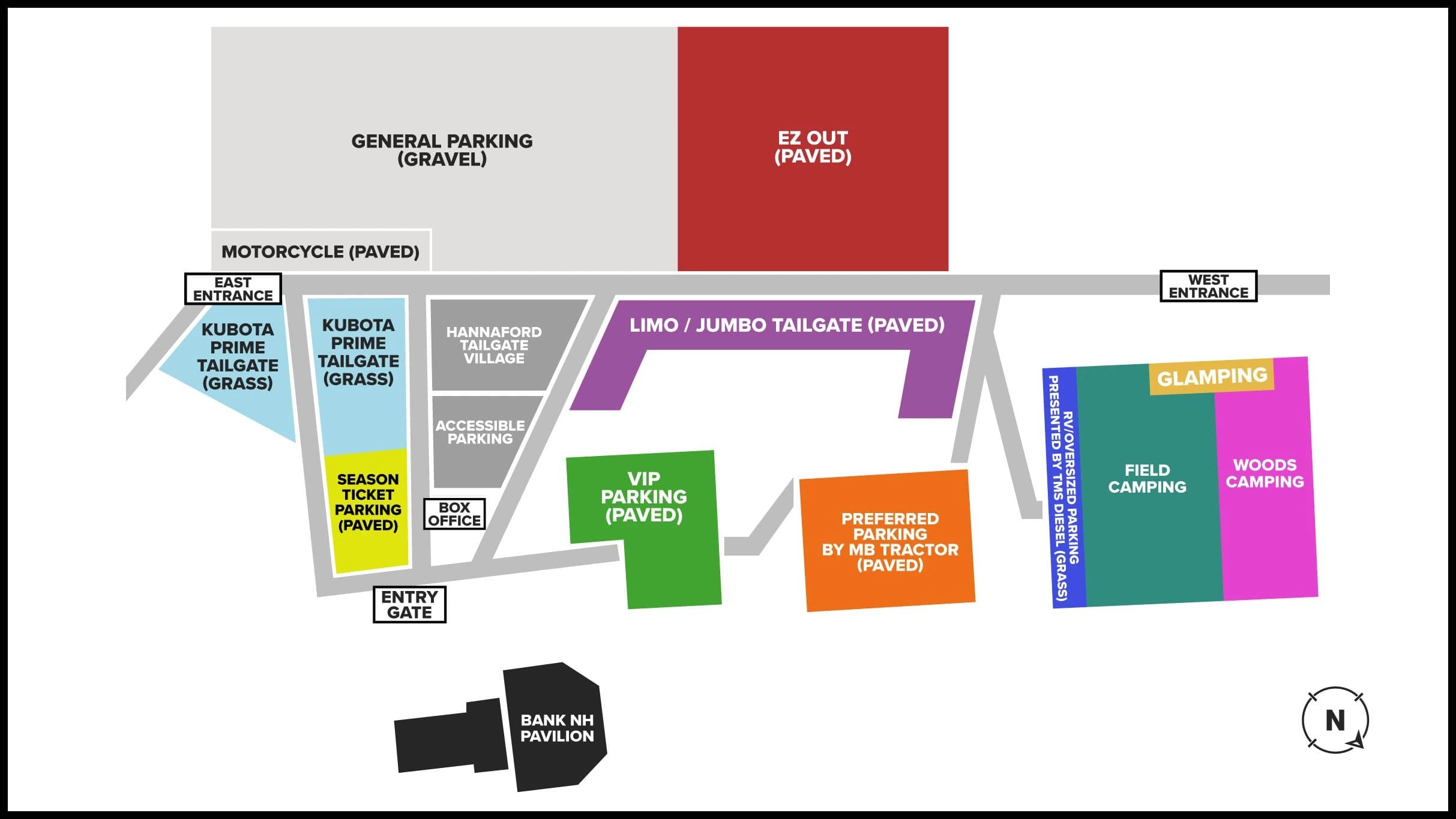 BankNH Pavilion: Venue layout, BankNH Pavilion — parking lots and campus approach. Use the original map for routes and visitor facilities.