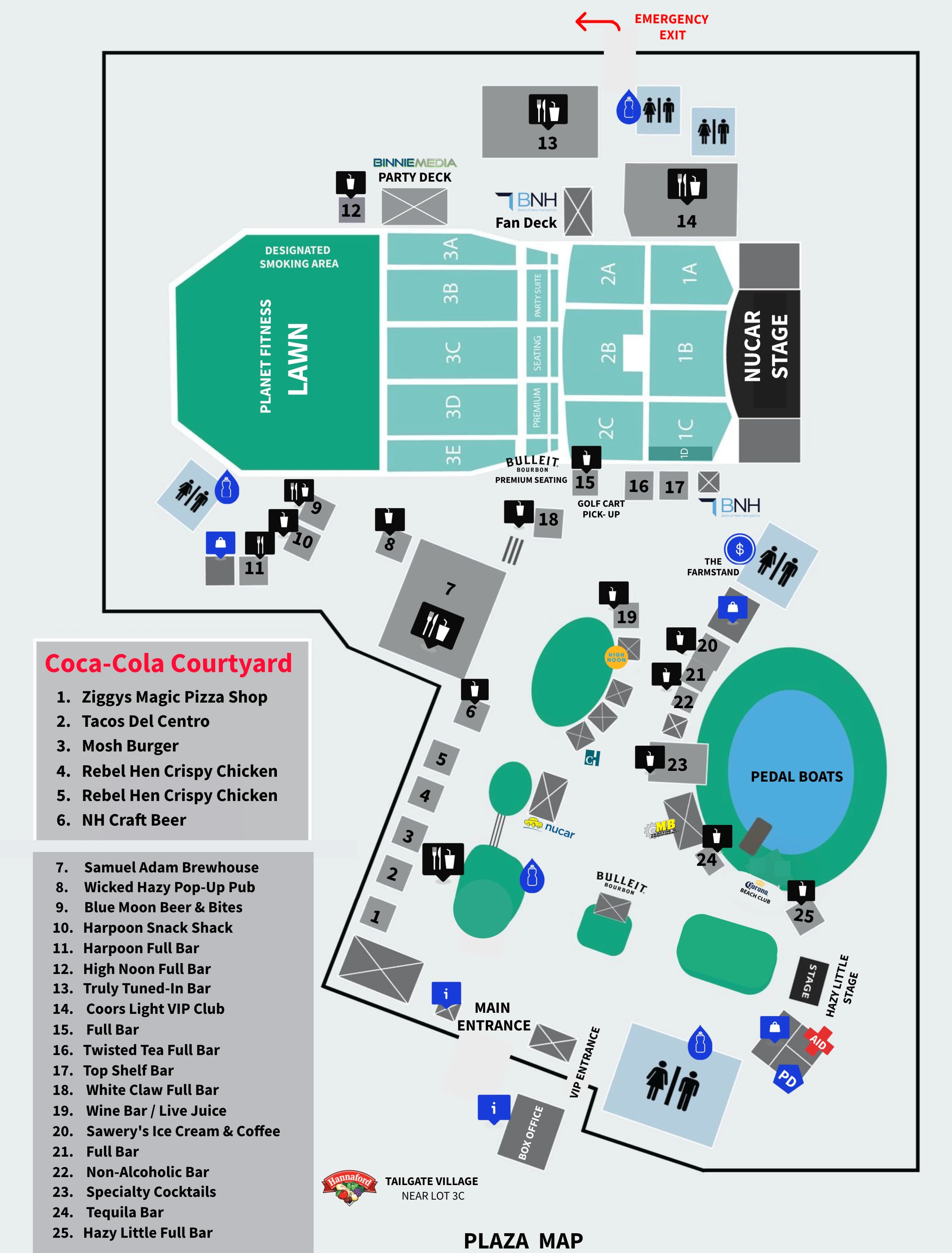 BankNH Pavilion: Venue layout, Concert pavilion, plaza, and section areas. Use the original map for routes and visitor facilities.