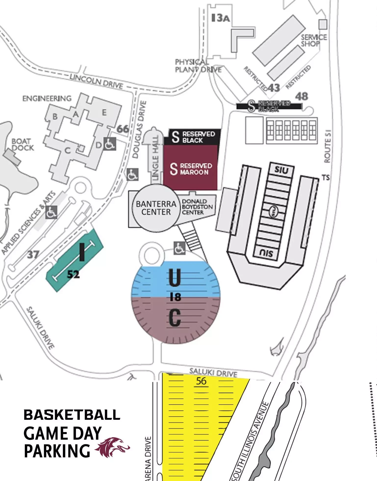 Banterra Center: Venue layout, Men’s basketball — parking and accessible spaces. Use the original map for routes and visitor facilities.