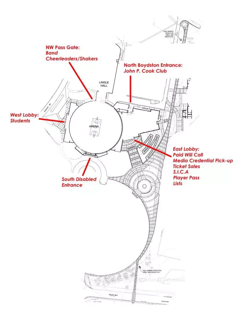Banterra Center: Venue layout, Arena entrances — ticket, student, accessible and club routes. Use the original map for routes and visitor facilities.