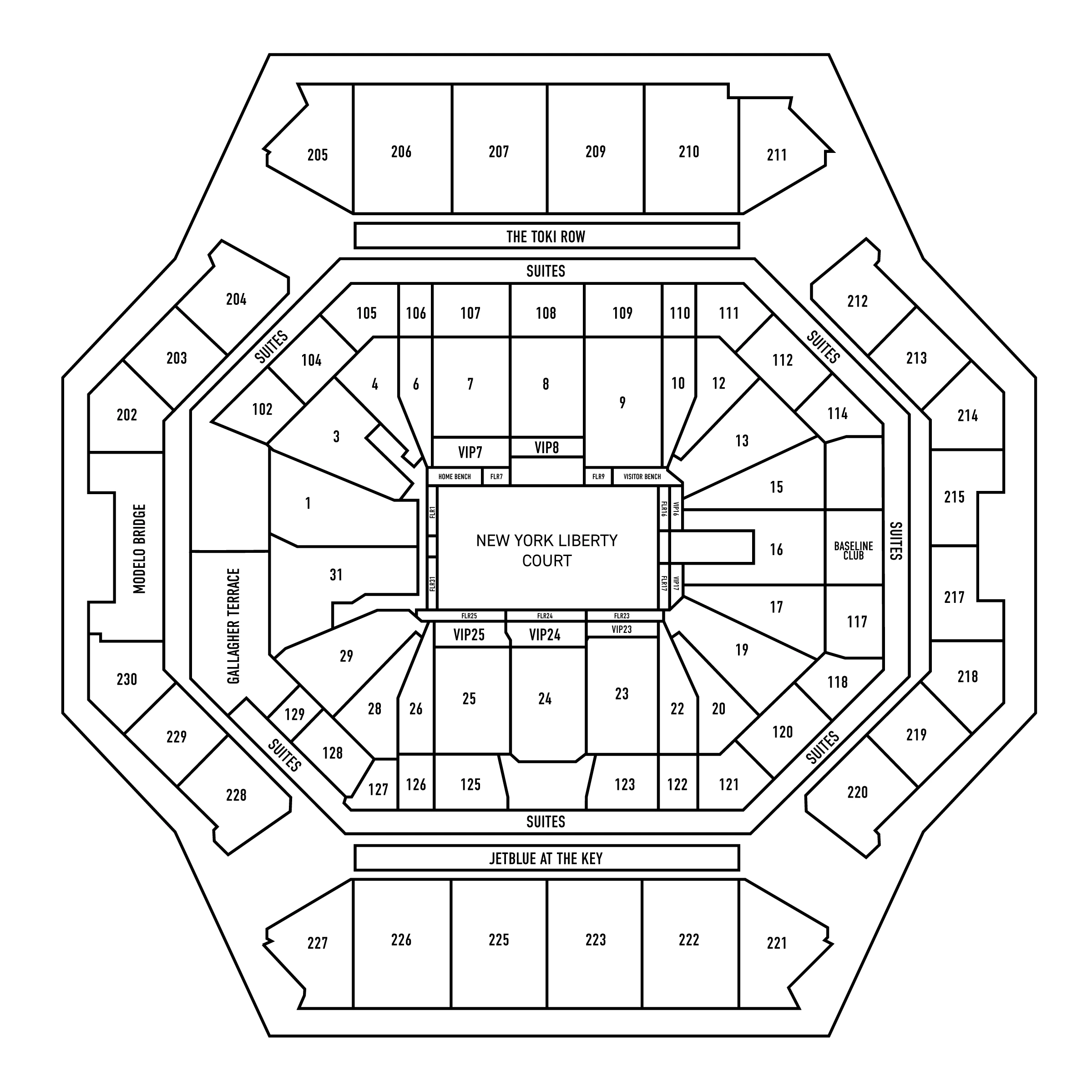 Barclays Center: Seating chart, New York Liberty. Use the source chart for section and row details.