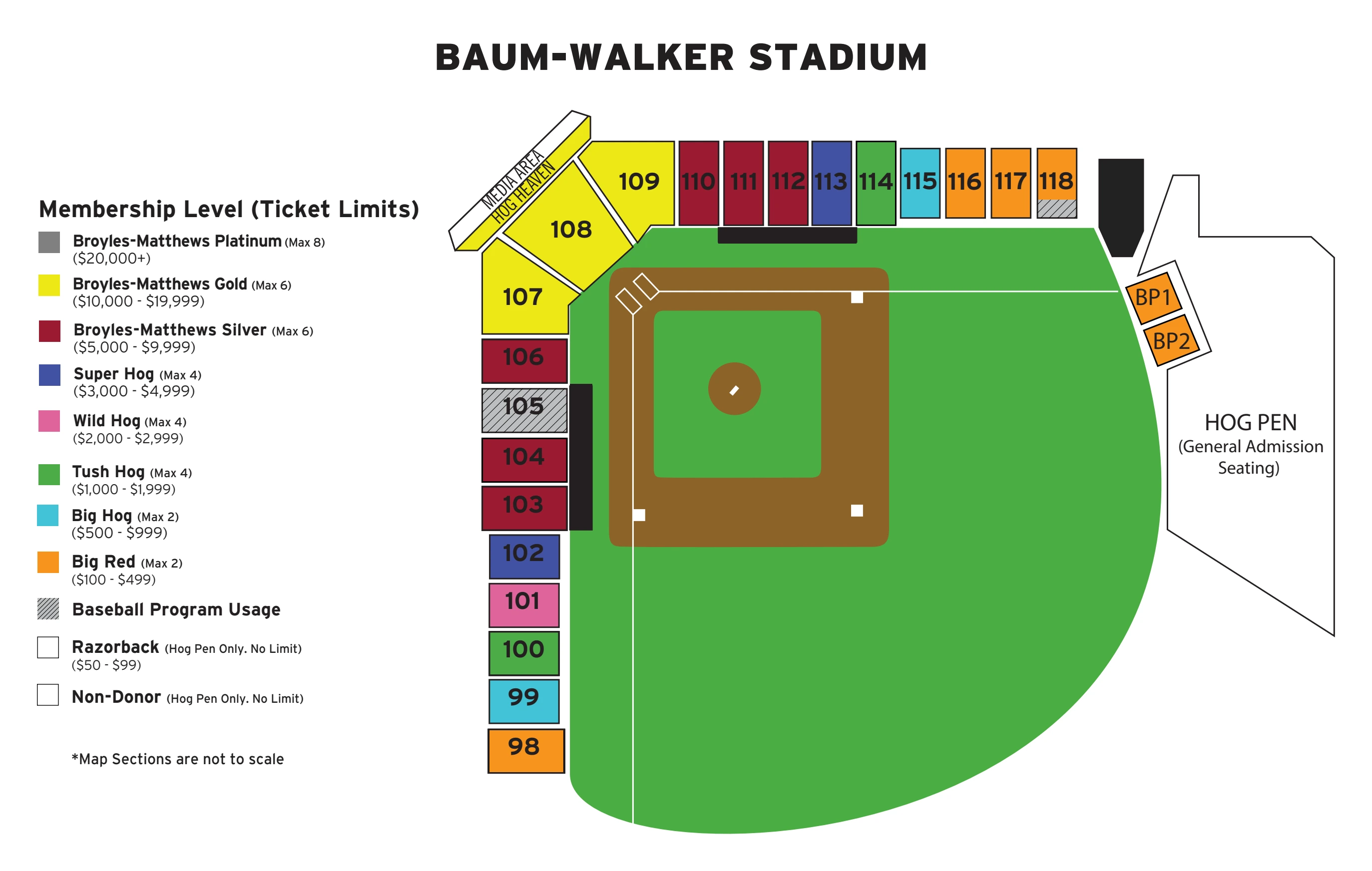 Baum–Walker Stadium: Seating chart, Baum–Walker Stadium — official-linked numbered seating diagram. Use the source chart for section and row details.