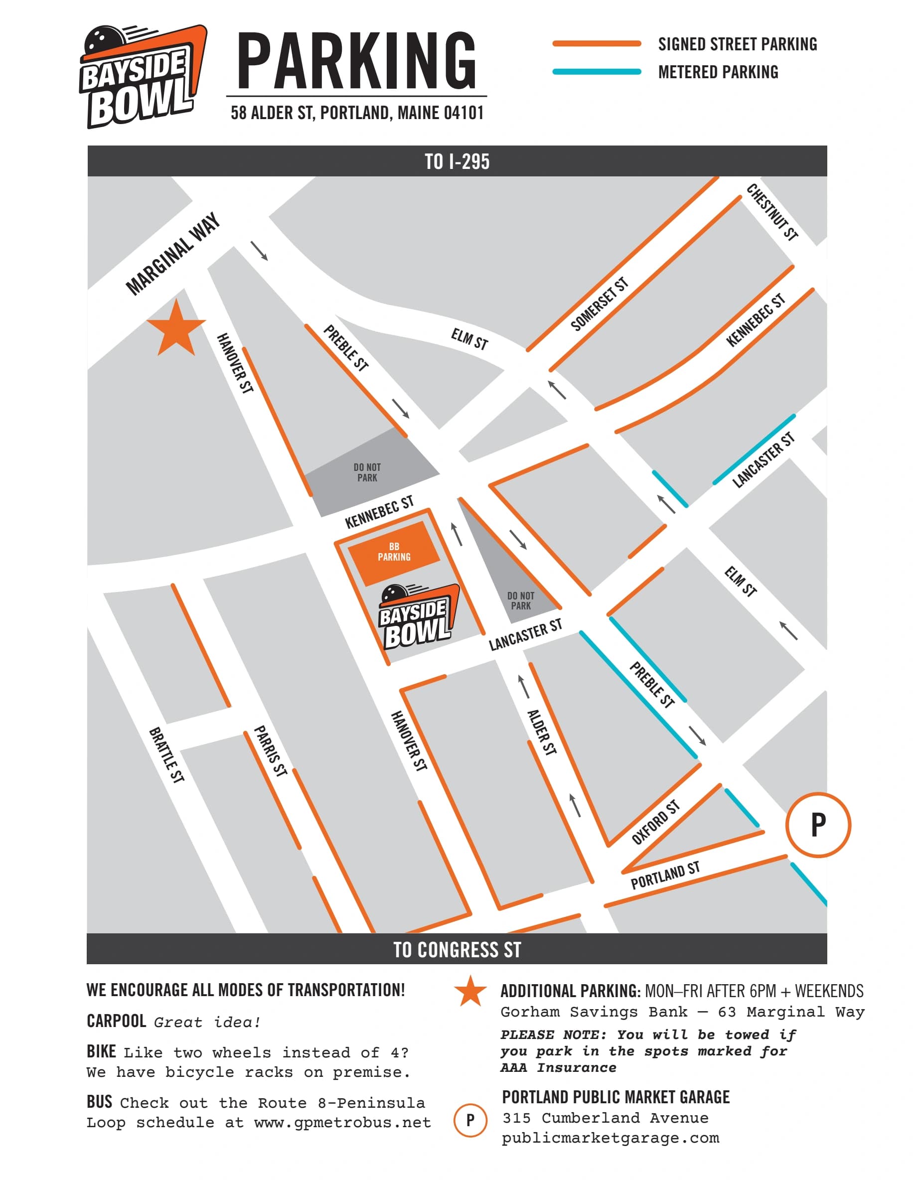 Bayside Bowl: Venue layout, Bayside Bowl · owner’s January 2026 neighborhood parking reference. Use the original map for routes and visitor facilities.