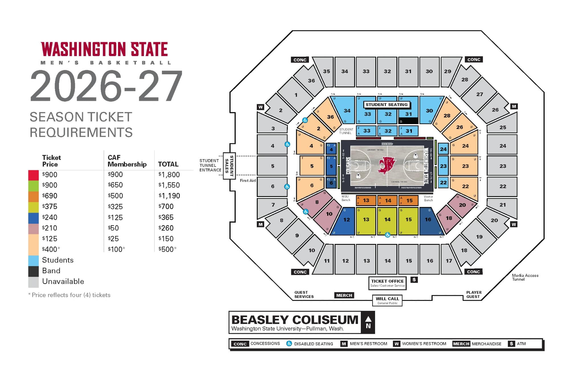 Beasley Coliseum: Seating chart, Beasley Coliseum — 2026–27 men’s basketball. Use the source chart for section and row details.