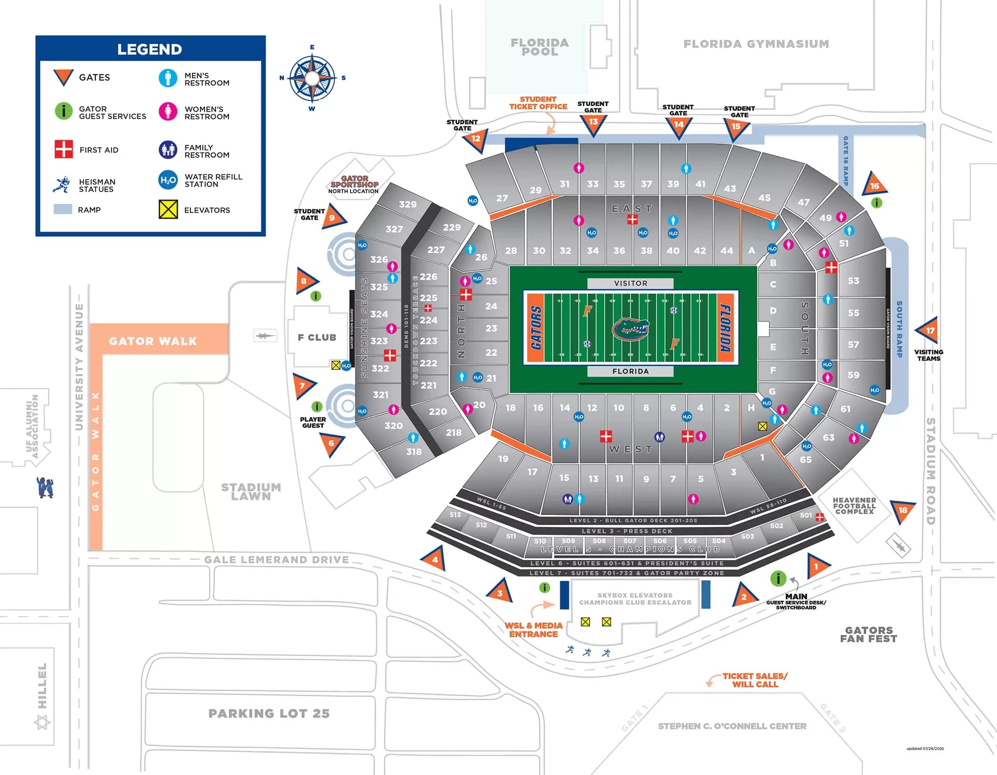 Ben Hill Griffin Stadium: Seating chart, Ben Hill Griffin Stadium — official August 2026 section and amenity map. Use the source chart for section and row details.