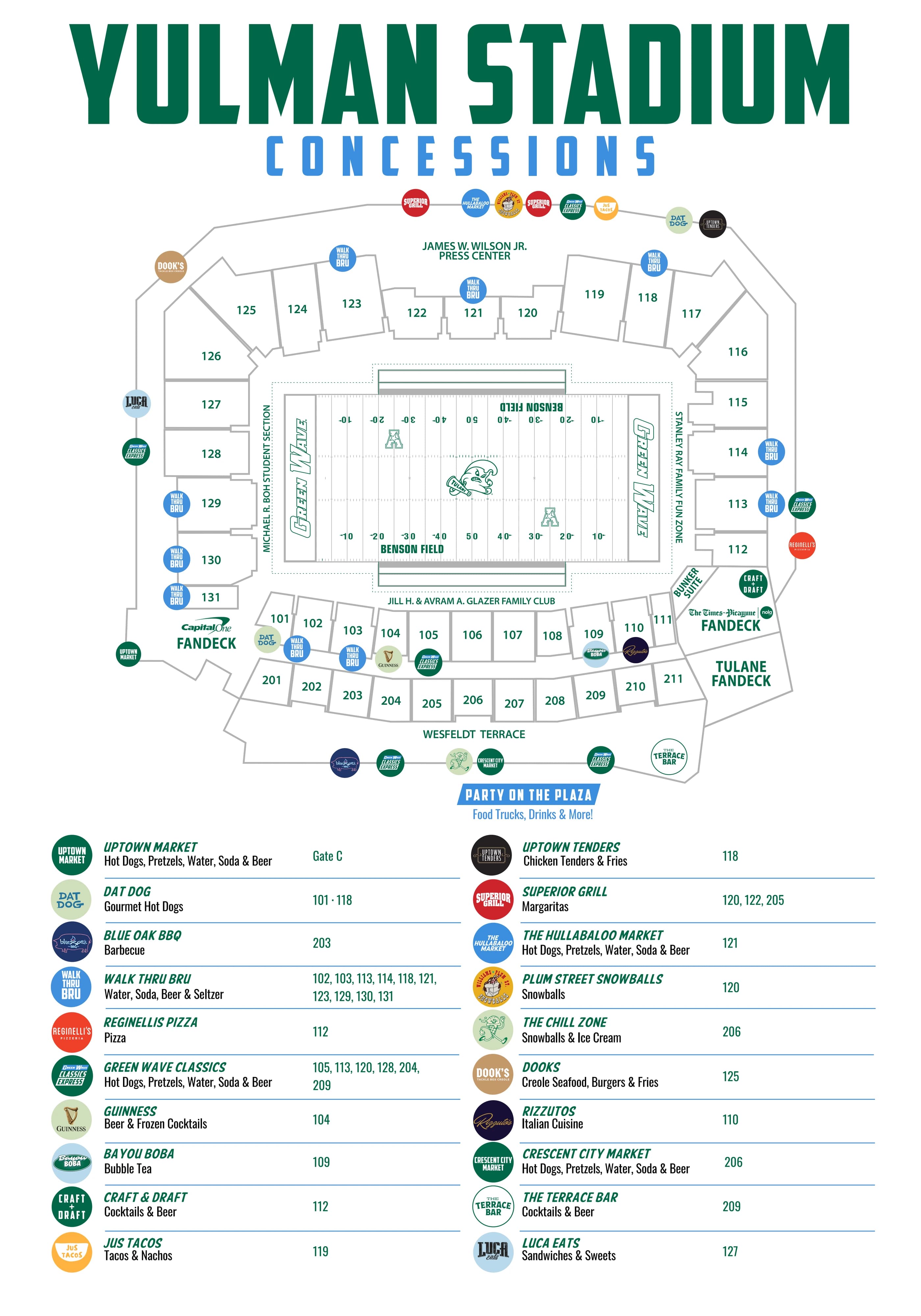 Benson Field at Yulman Stadium: Venue layout, Yulman Stadium — official fall 2026 concessions plan. Use the original map for routes and visitor facilities.