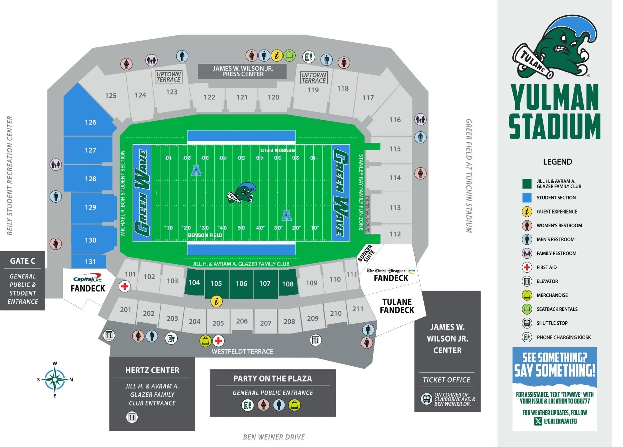 Benson Field at Yulman Stadium: Seating chart, Yulman Stadium — official 2026 seating and facilities map. Use the source chart for section and row details.