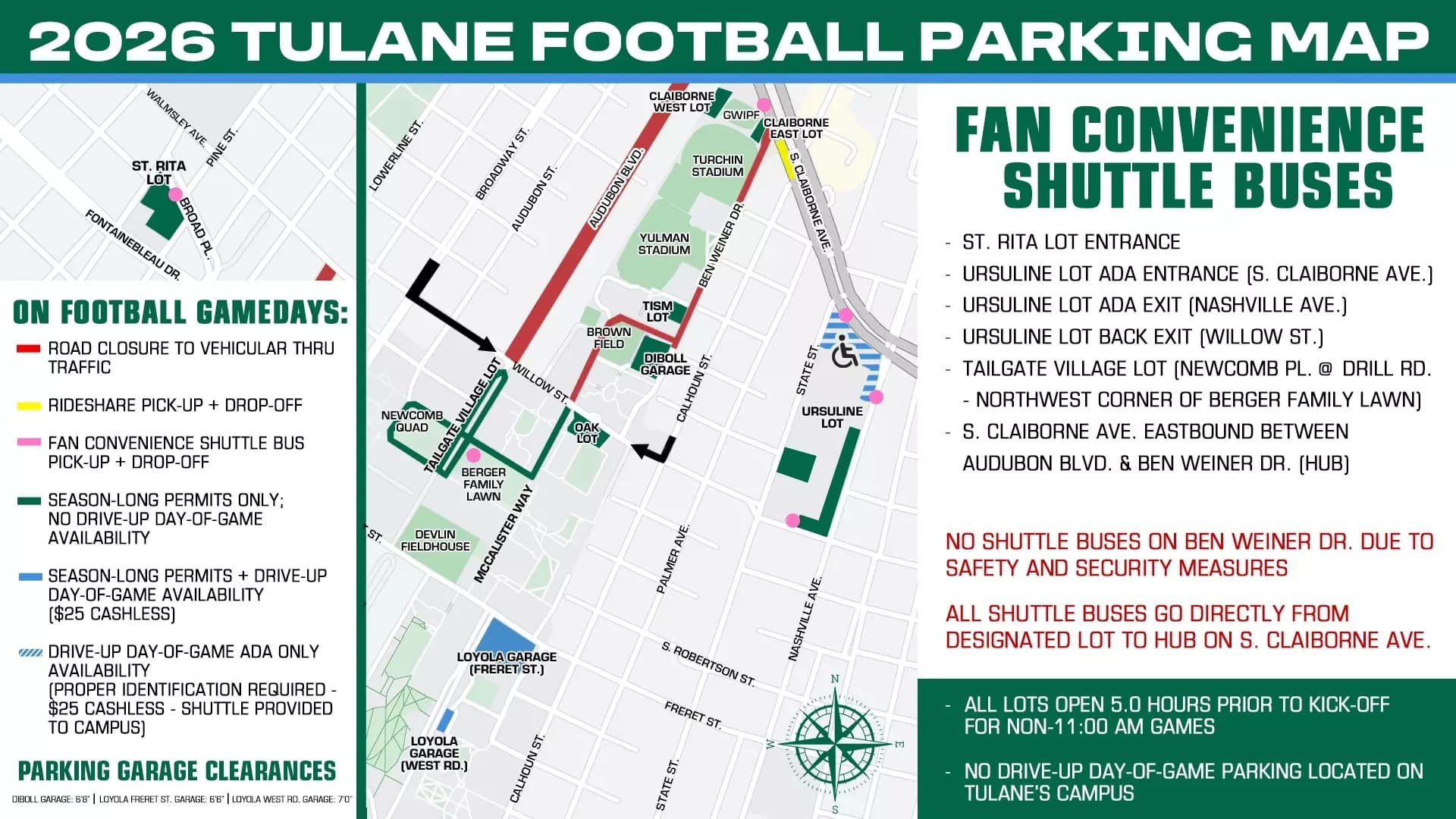 Benson Field at Yulman Stadium: Venue layout, Tulane — official 2026 football parking and shuttle plan. Use the original map for routes and visitor facilities.