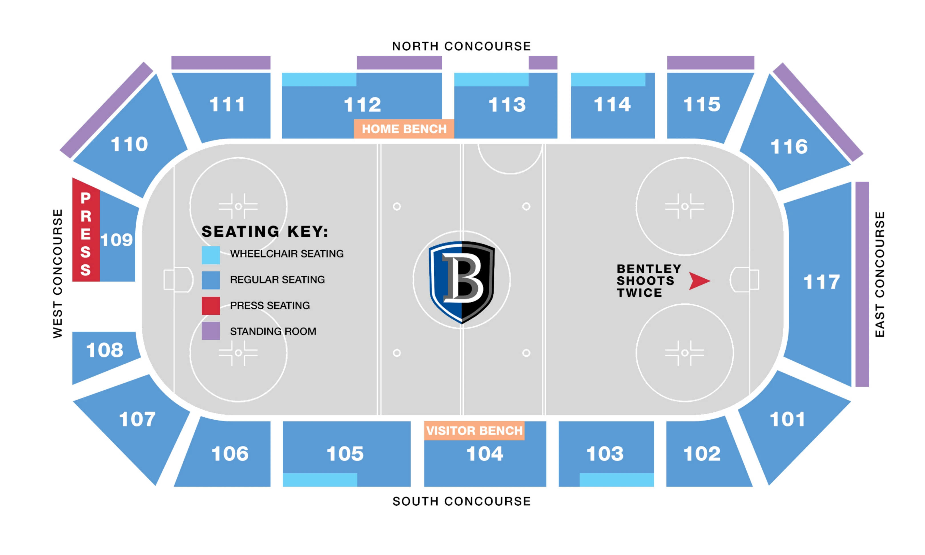 Bentley Arena: Seating chart, Bentley Arena — hockey seating reference. Use the source chart for section and row details.